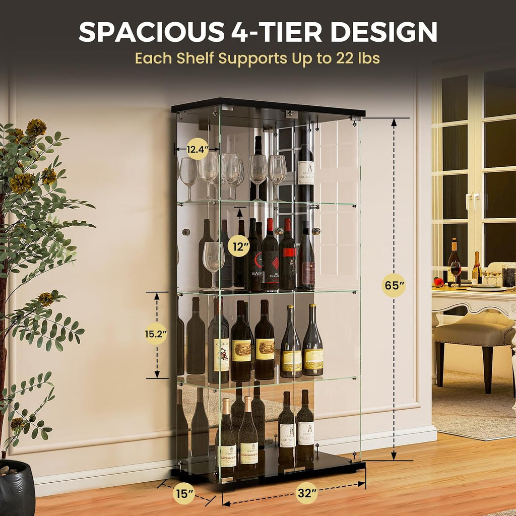 Mirrored Glass Display Cabinet with Lock, 4-Shelf Tempered Glass Curio Cabinet with 2 Doors, Collectible Display Showcase for Living Room, Bedroom – Black