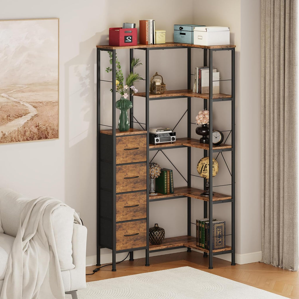AFLUI Corner Bookshelf with LED Light Strips & 4 Fabric Drawers, 5-Tier Convertible Corner Shelf with Display Shelf, Large Wood Industrial Bookcase for Living Room, Bedroom, Home Office, Rustic Brown