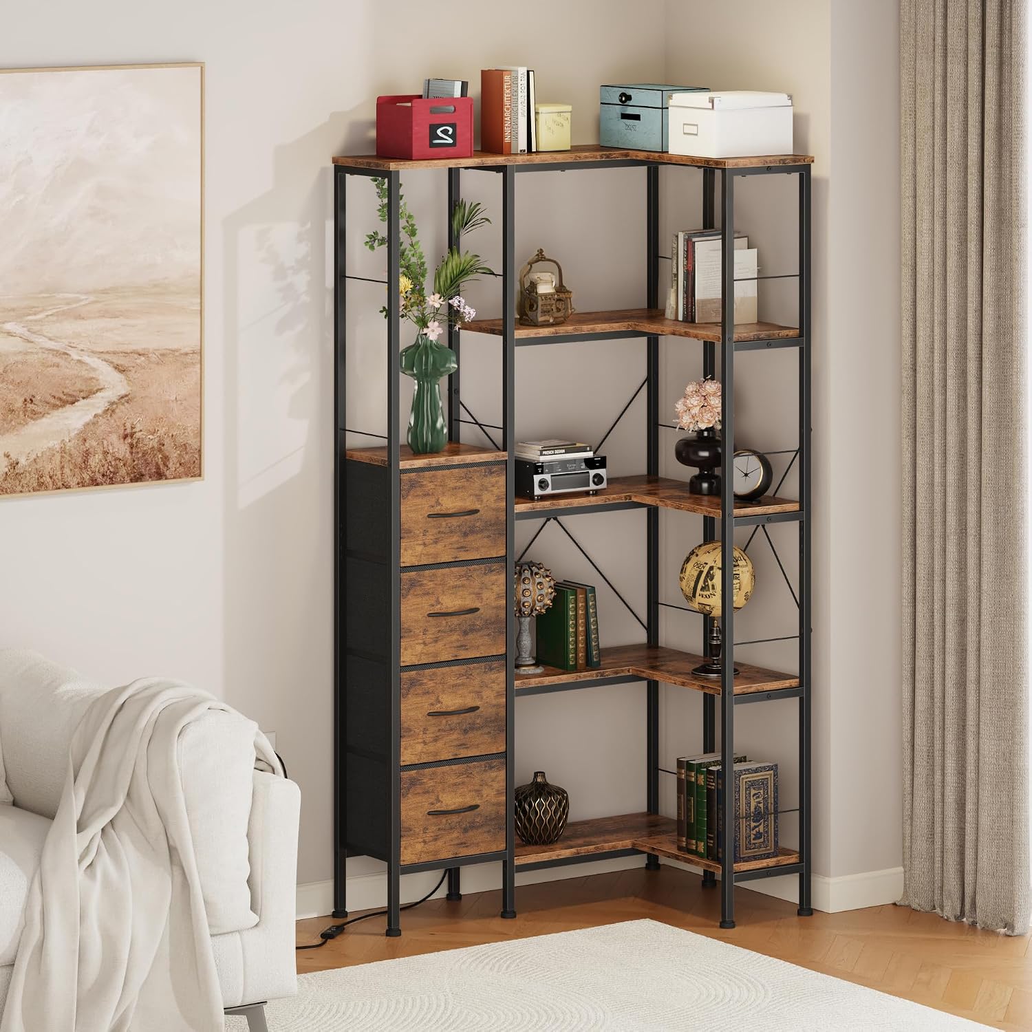 AFLUI Corner Bookshelf with LED Light Strips & 4 Fabric Drawers, 5-Tier Convertible Corner Shelf with Display Shelf, Large Wood Industrial Bookcase for Living Room, Bedroom, Home Office, Rustic Brown