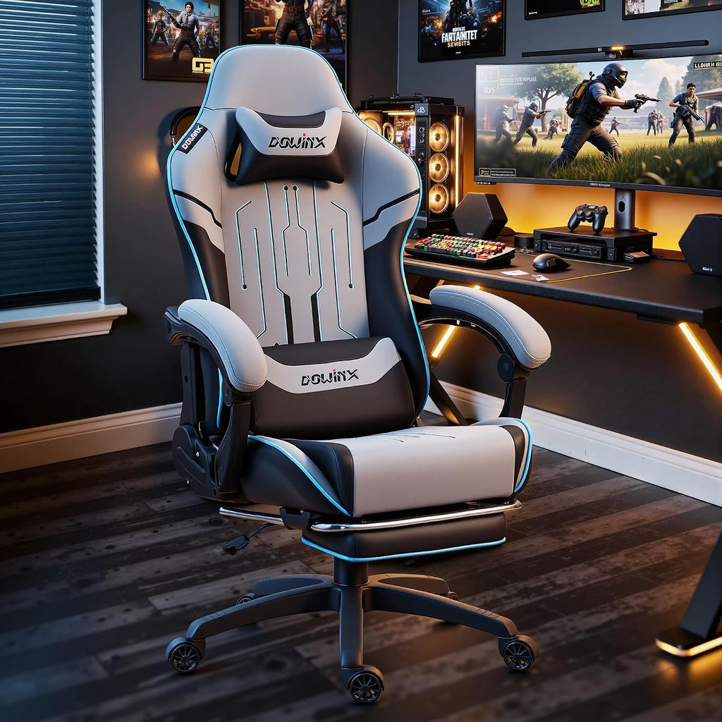 Dowinx Big and Tall Gaming Chair 350LBS, Racing Style Ergonomic Computer Chair with Side-Mounted Recline Control, Footrest & Massage Lumbar, High Back Chair with Embroidered Design for Gaming or Work