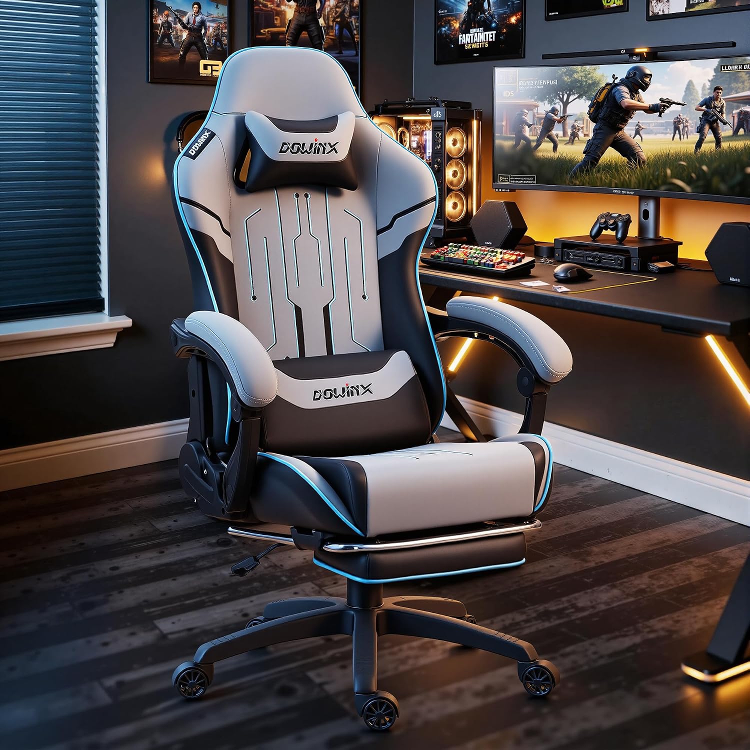 Dowinx Big and Tall Gaming Chair 350LBS, Racing Style Ergonomic Computer Chair with Side-Mounted Recline Control, Footrest & Massage Lumbar, High Back Chair with Embroidered Design for Gaming or Work