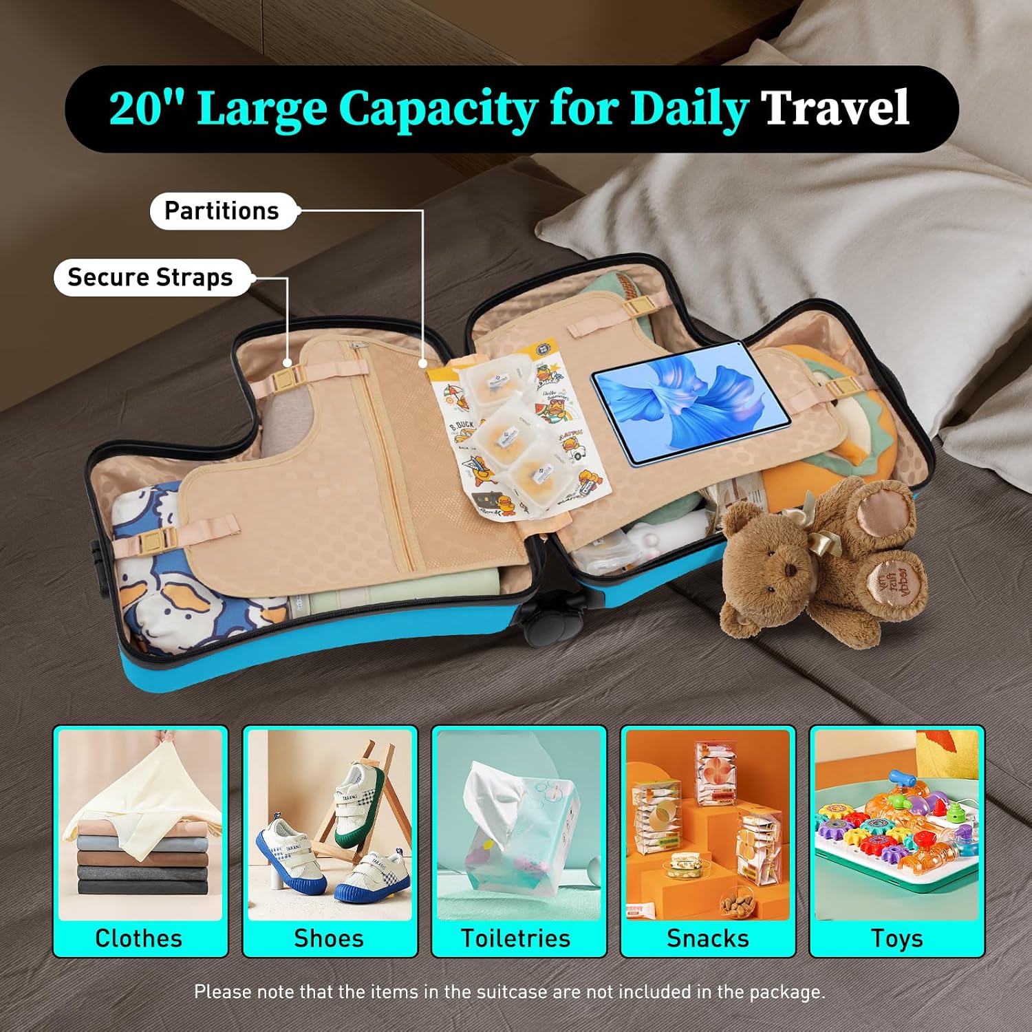 DNYSYSJ 20 Inch Children's Ride On Trolley , Portable Universal Wheel , Carry On Luggage, Waterproof Unisex Boys Girls Travel Suitcase With Lock, ABS+PC (Blue)