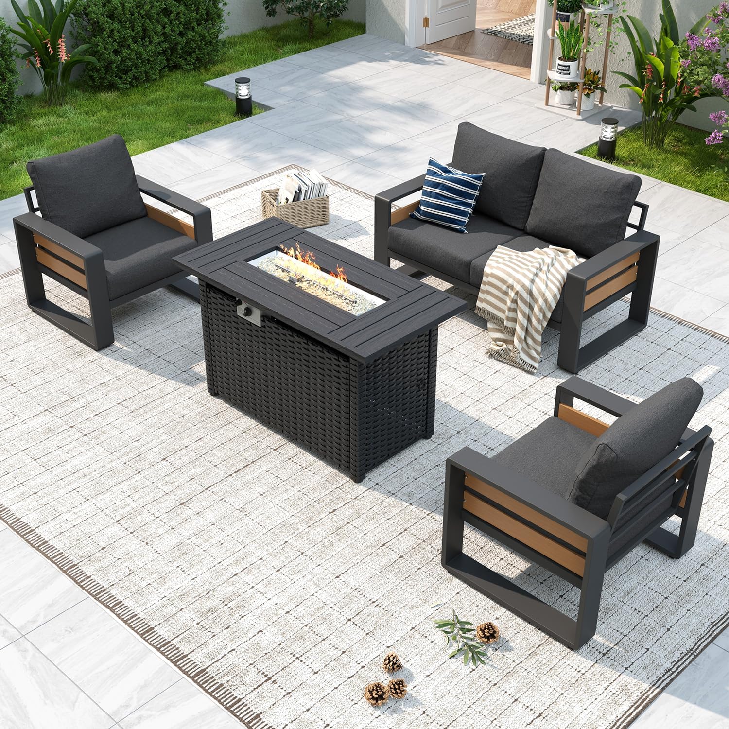 Aoxun Aluminum Patio Furniture Set with Fire Pit Table, 4 Piece Luxury Outdoor Sectional with 6' Olefin Fabric Cushions, Patio Conversation Sets with Waterproof Cover for Backyard, Porch Dark Grey