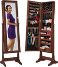 Best Choice Products Freestanding Jewelry Armoire Cabinet, Full Length Standing Mirror, Lockable Makeup Storage Organizer, w/Velvet Lining, 3 Angles, Lock, Accessory Pouch, 5 Shelves - Walnut