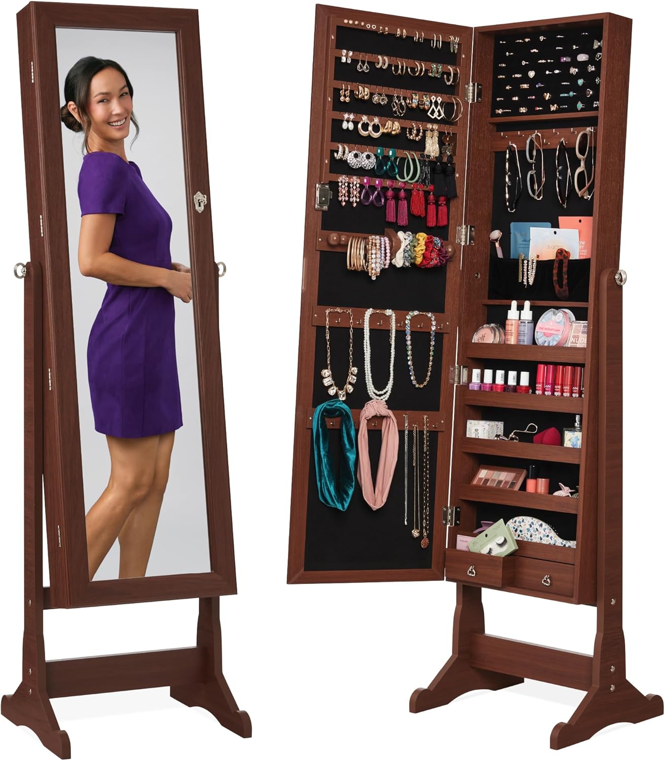 Best Choice Products Freestanding Jewelry Armoire Cabinet, Full Length Standing Mirror, Lockable Makeup Storage Organizer, w/Velvet Lining, 3 Angles, Lock, Accessory Pouch, 5 Shelves - Walnut