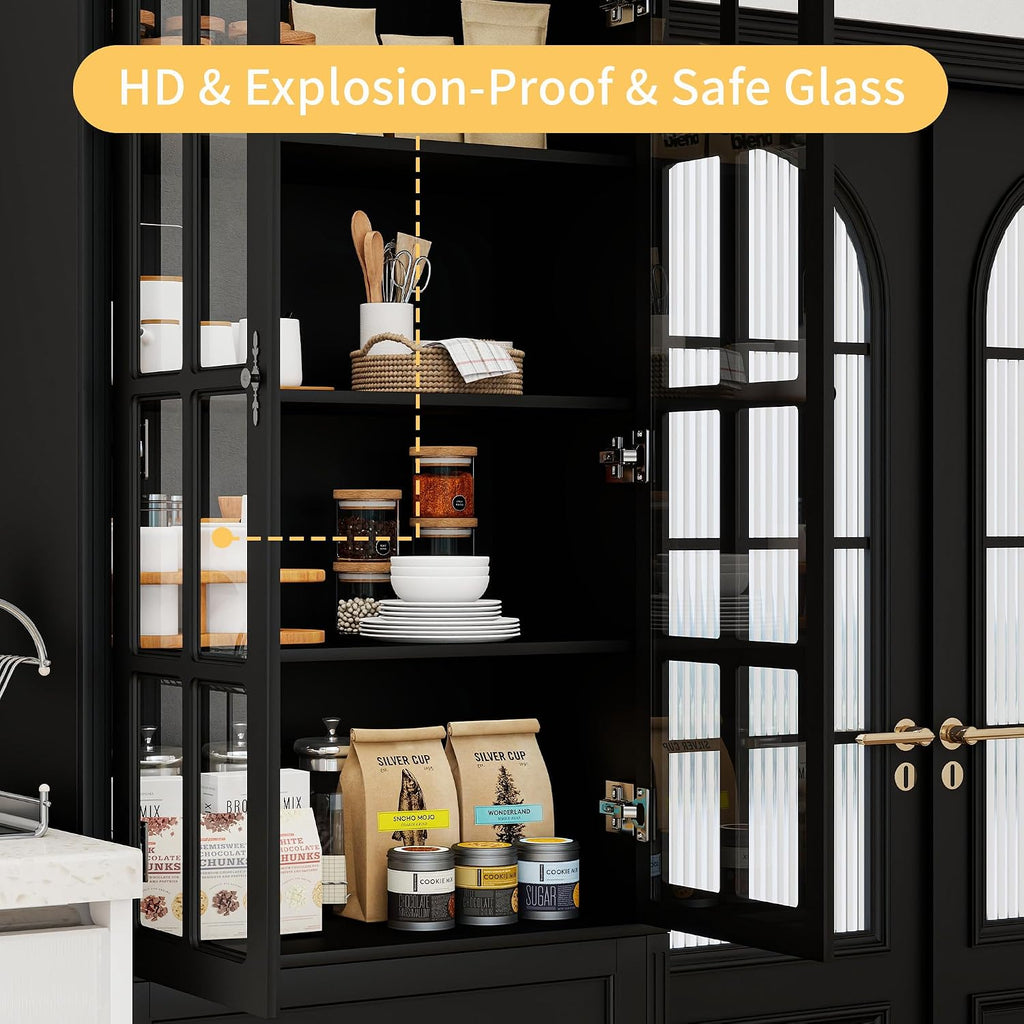 78.8' Tall Bookcase Display Storage Cabinet Hutch with Glass Doors & Drawers - Curio Display Bookshelf Kitchen Pantry for Home, Kitchen, Living Room.
