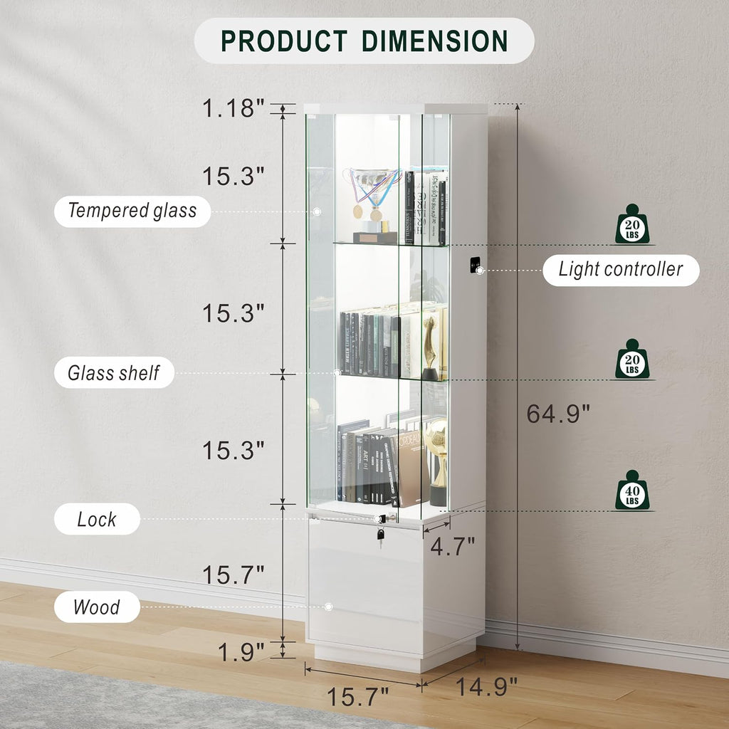 Lvifur 65' Tall Corner Display Cabinet - with Glass Doors, Lockable Glass Curio Cabinet with 3 Color Motion Sensor Lights for Collectibles,3-Tier Display Case with Removable Shelves,White