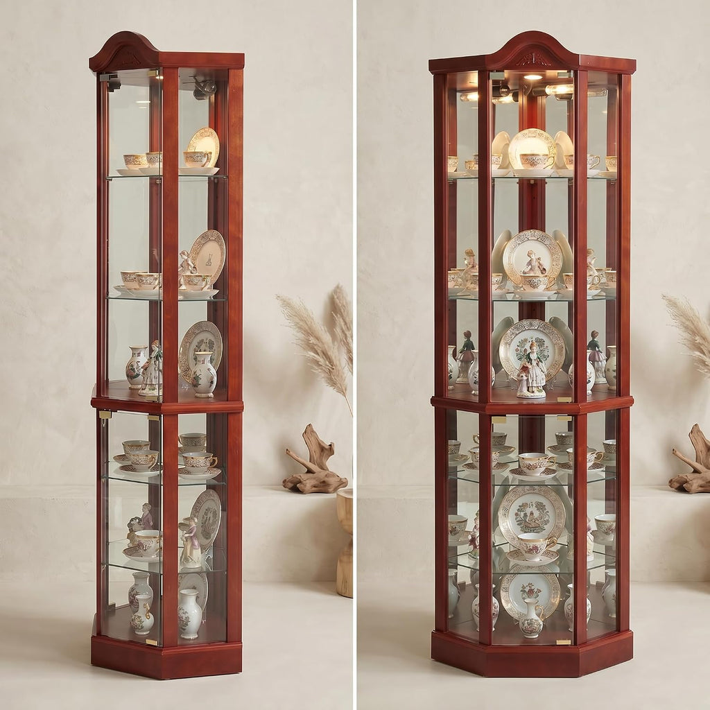 Casaphoria 72' Lighted Corner Curio Cabinet with Glass Doors, Antique Tall Display Cabinet for Collectibles with Arched Carved Crown for Liquor Storage, Living Room (Cherry)