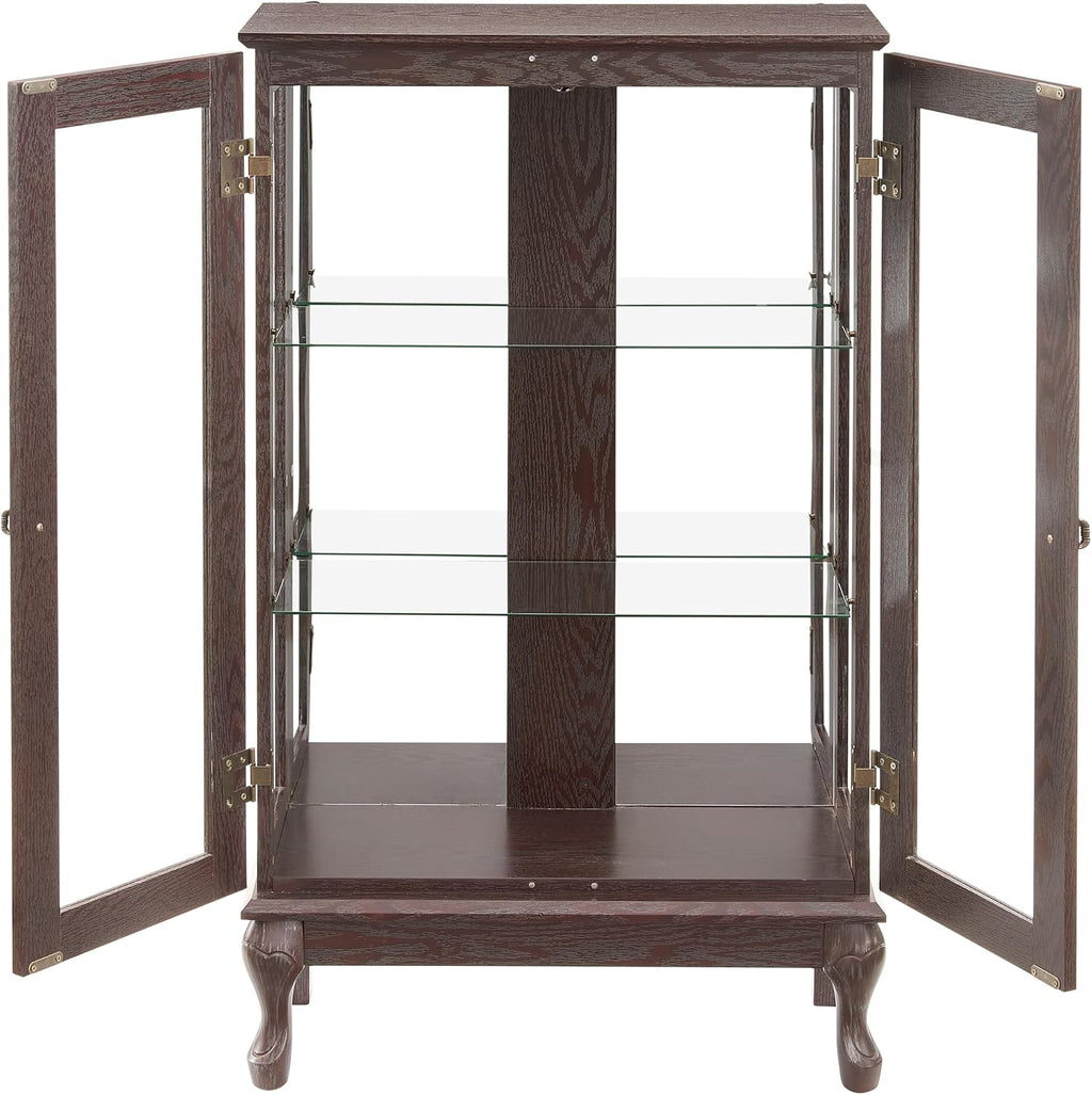 43' H Lighted Curio Cabinet Display Case, Glass Curio Cabinet with Adjustable Shelves and Tempered Glass Door, Wooden Cabinets w/Mirrored Back Pane for Living Room (Dark Cherry)