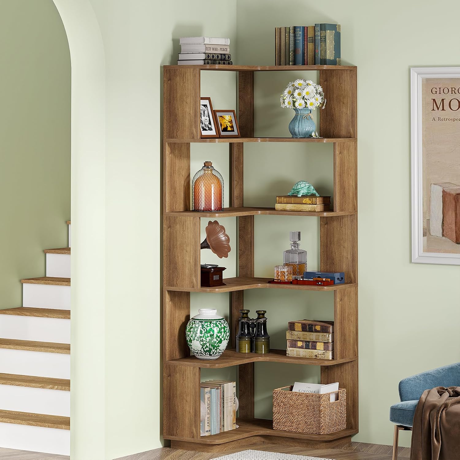 Tribesigns 6 Tier Corner Bookshelf, 64.9 Inches Tall L Shaped Bookcase with Anti-Drop Panel, Freestanding Wood Grain Shelf Display Rack Storage Organizer for Home Office (Light Brown)