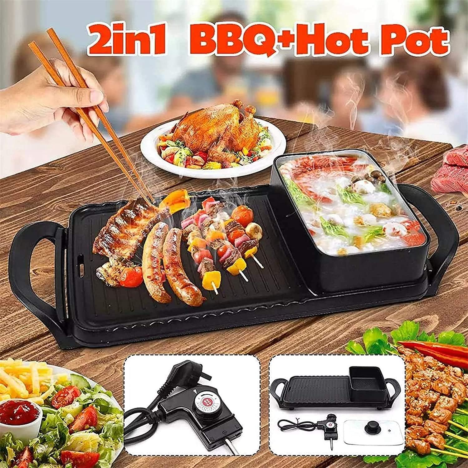 Electric Grill with Hot Pot 2 in 1 Indoor Korean BBQ Grill and Pot with Divider 1600W Separate Dual Temperature Control, Capacity for 2-8 People,Household Nonstick Electric G