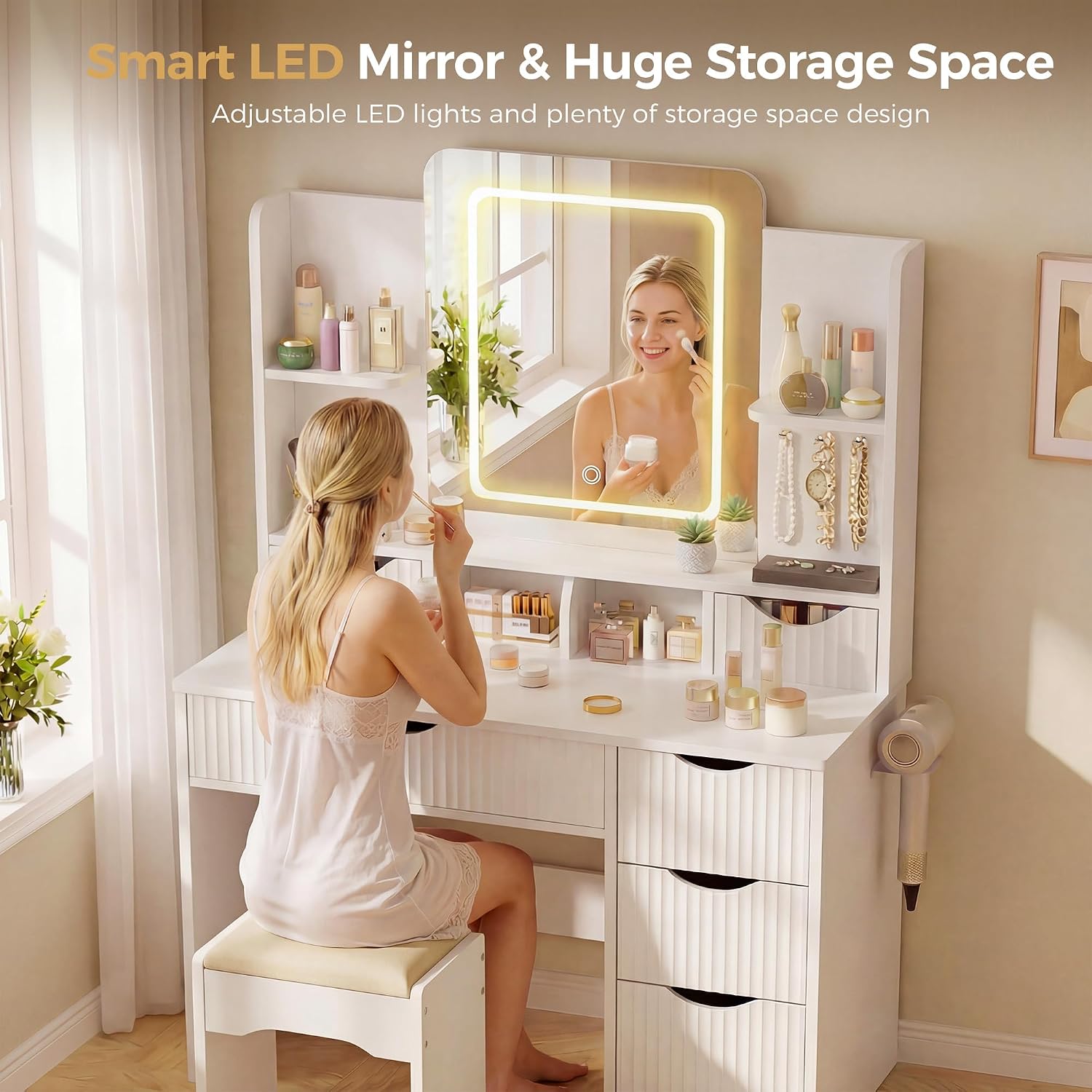 Vanity Desk with Mirror and Lights, Makeup Vanity Table with Large 6 Drawers Modern Fluted Wooden Dressing Table with Jewelry Hook 3 Color Modes Adjustable LED Mirror for Women Girls Bedroom or Dorm