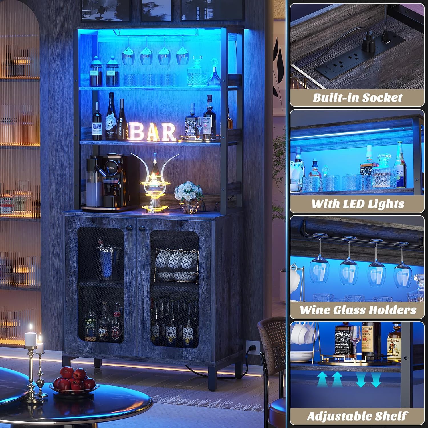 Aheaplus Bar Cabinet with Power Outlets, 67' Tall Wine Bar Cabinet Liquor Cabinet with LED Lights and Glass Holder, Coffee Bar Station for Living Room, Microwave Stand Bakers Rack Cabinet, Black Oak