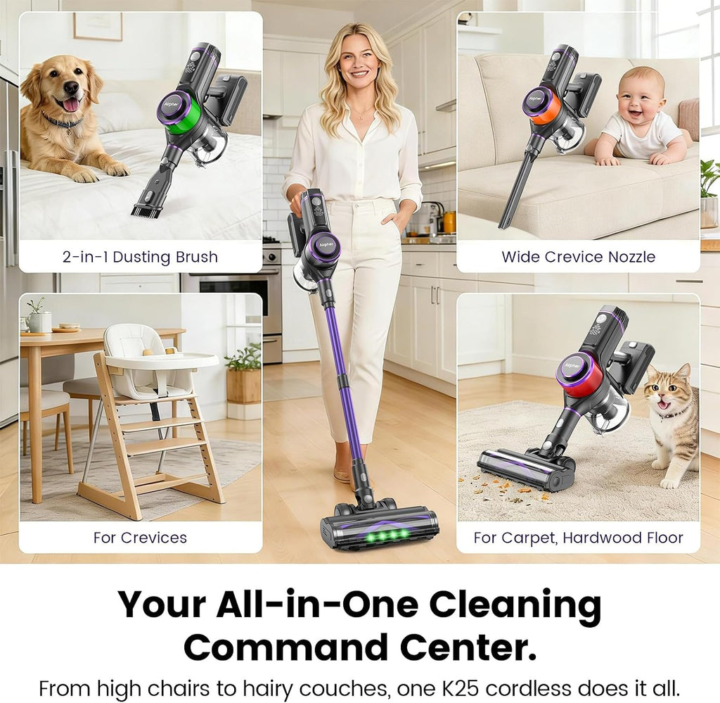 Cordless Vacuum Cleaner,600W 65KPA Dual Motor Vacuum for Home with AI Auto Suction,70Min Runtime,Stick Vacuums with Self-Standing Design,LED Headlights for Carpet,Hardwood Floors,Pet Hair,Tile