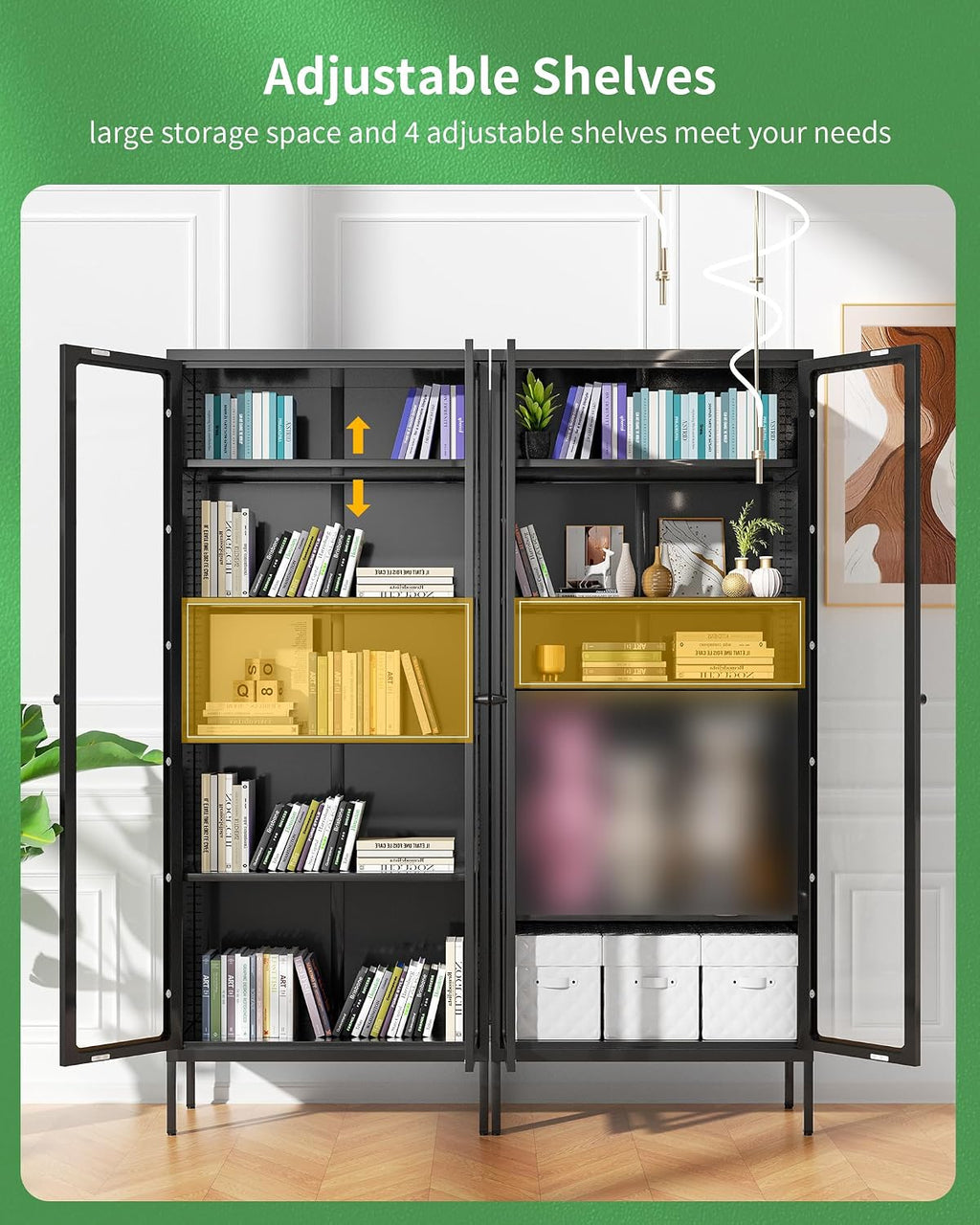 Bonusall Display Cabinet with Glass Doors,67' Metal Display Curio Cabinet with Glass Doors and 4 Adjustable Shelves for Collectibles,Home Office,Living Room,Gaming Room(Black)