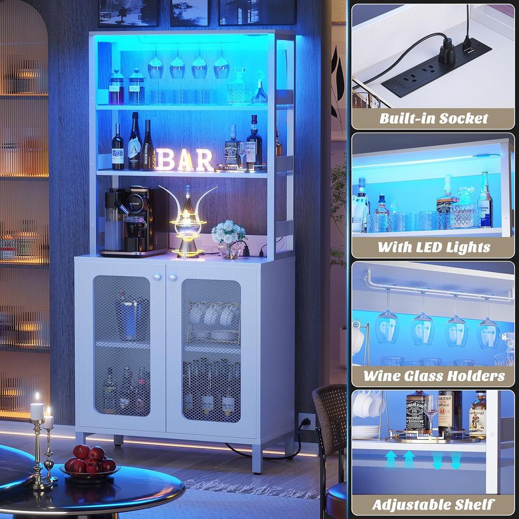 Aheaplus Bar Cabinet with Power Outlets, 67' Tall Wine Bar Cabinet Liquor Cabinet with LED Lights and Glass Holder, Coffee Bar Station for Living Room, Microwave Stand Bakers Rack Cabinet, White
