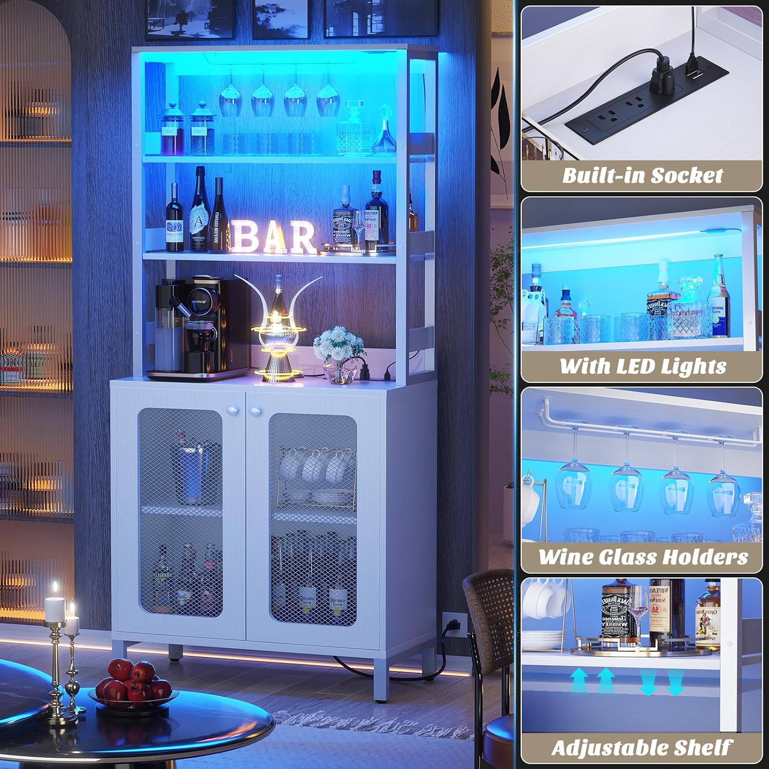 Aheaplus Bar Cabinet with Power Outlets, 67' Tall Wine Bar Cabinet Liquor Cabinet with LED Lights and Glass Holder, Coffee Bar Station for Living Room, Microwave Stand Bakers Rack Cabinet, White