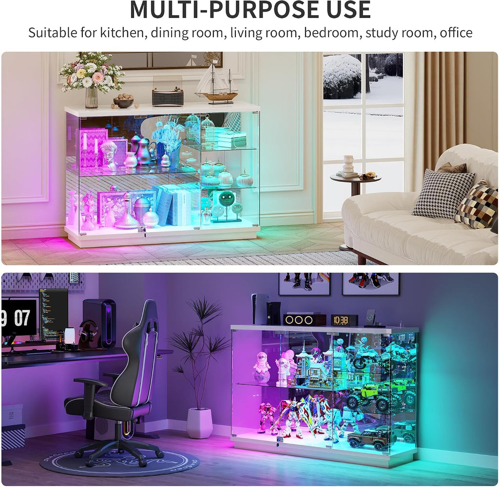 HNEBC 47.2' W Display Cabinet - with Lockable Glass Door,5-Tier Glass Display Case with 12 Lights Modes for Collectibles,Lighted Cuiro Cabinet with Human Sensor,China Cabinet,Living Room,White