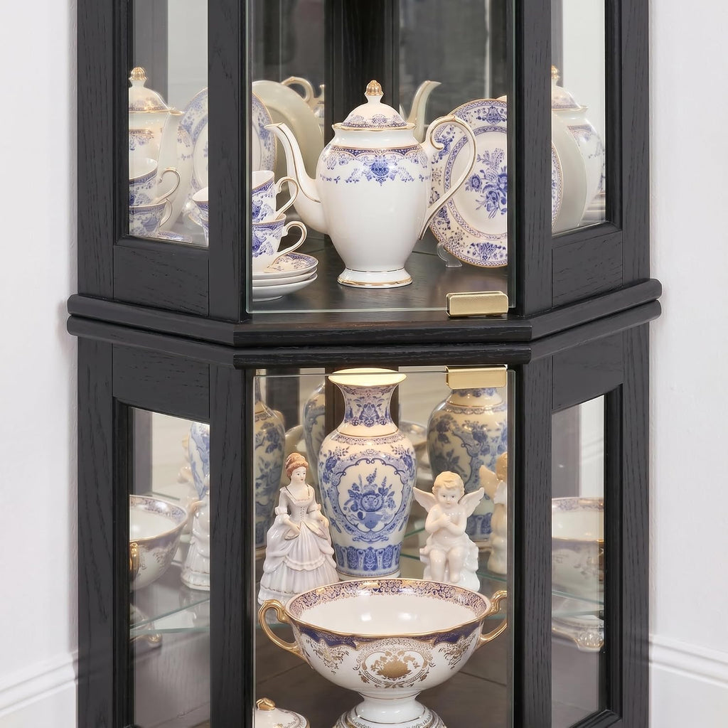 Casaphoria 70' Lighted Corner Curio Cabinet with Glass Doors, Tall Display Cabinet for Collectibles with Mirrored Back and Adjustable Shelves for Living Room and Liquor Storage (Black)