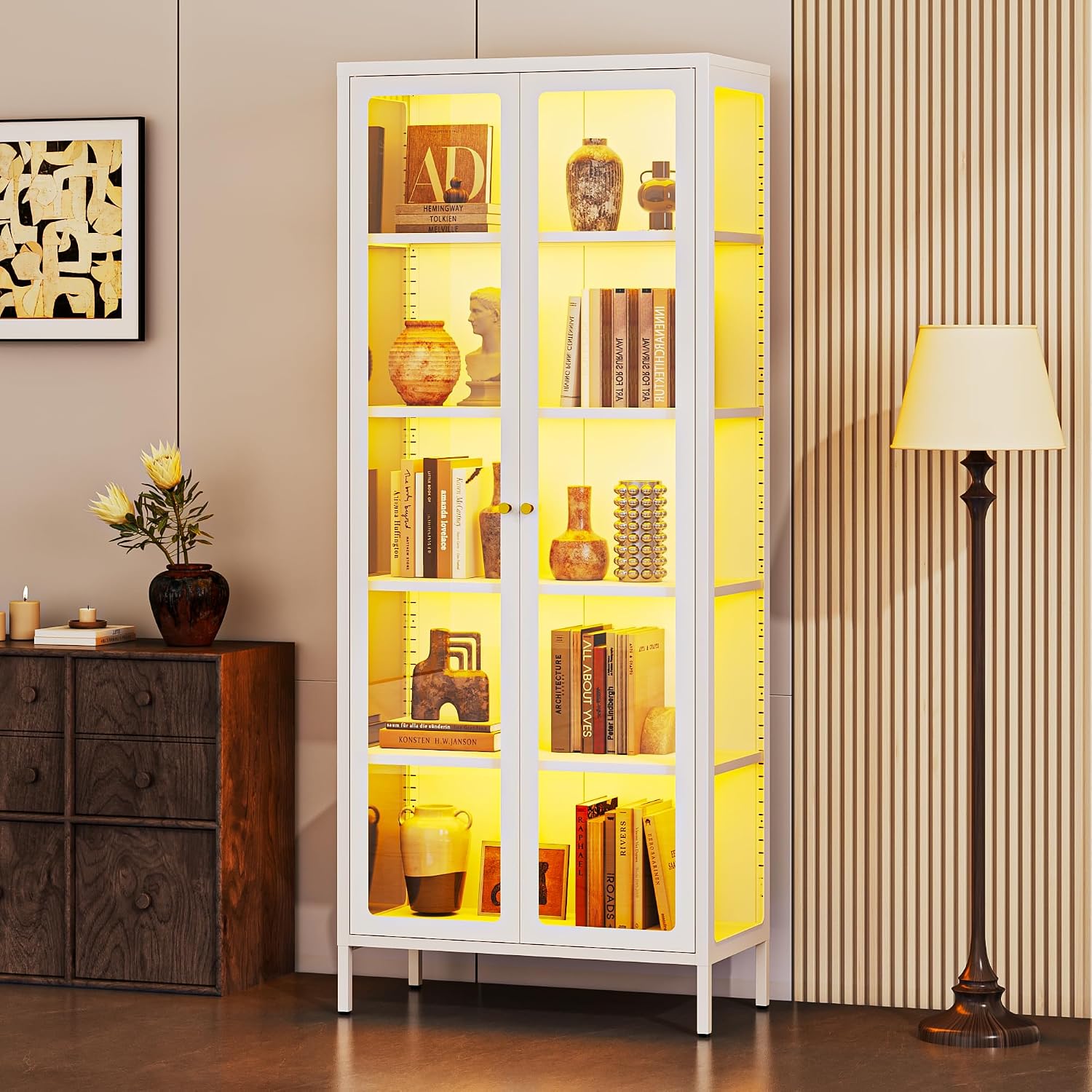 Lucky Monet 5-Tier Display Cabinet with 12 Color Lights & Glass Doors, 67' Lighted Curio Cabinet with Adjustable Shelves, Glass Metal Display Case for Collectibles Figures China (White)