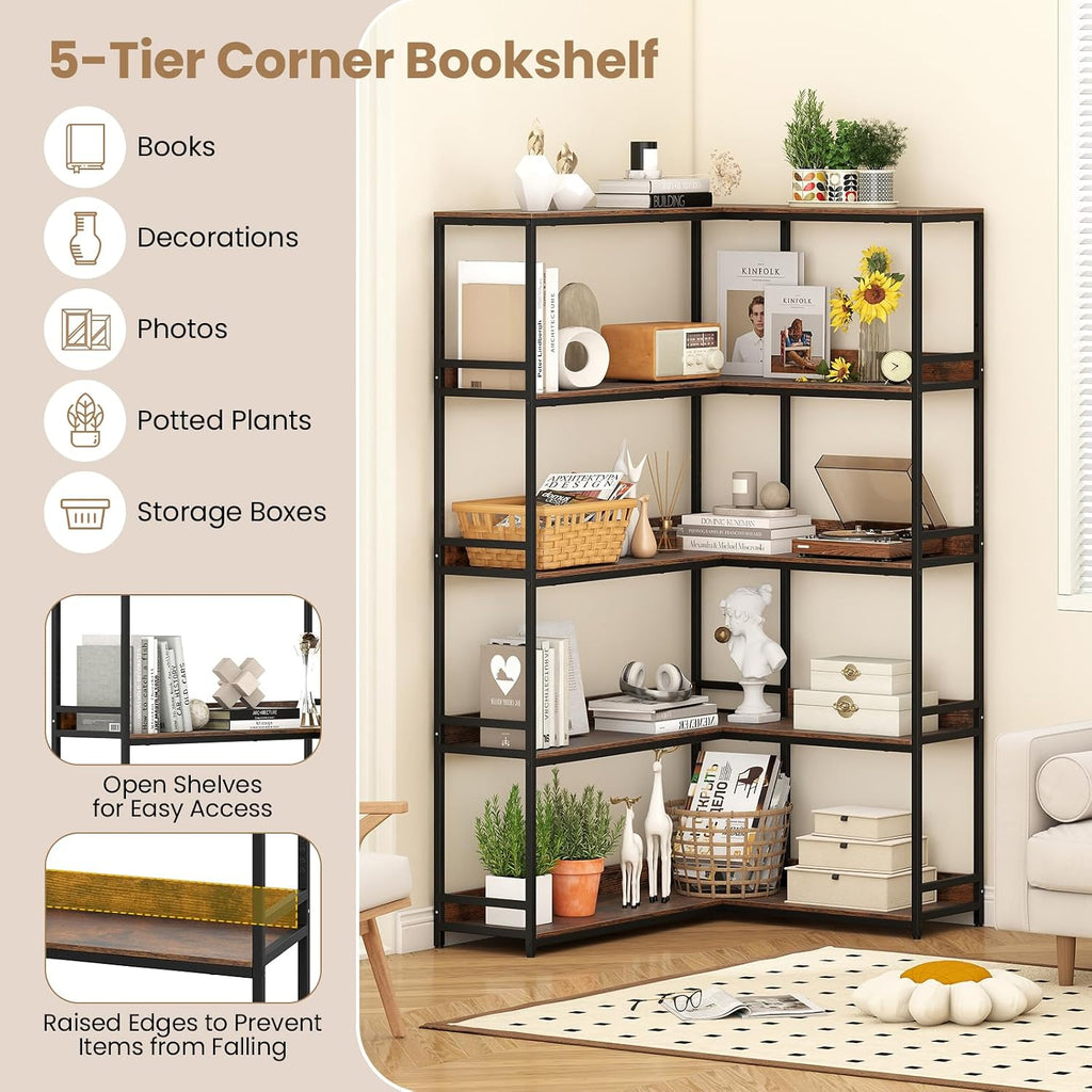Giantex 5-Tier Corner Bookshelf, 71' L-Shaped Bookcase, Tall Etagere Bookshelf with Metal Frame, Industrial Open Display Shelf, Vertical Storage Rack for Living Room, Study, Office (Rustic Brown)