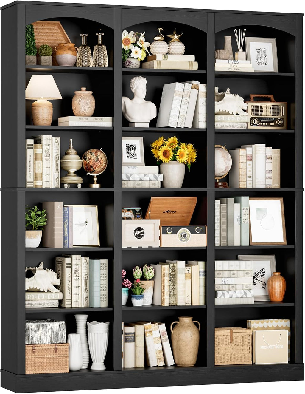 FACBOTALL 71' Triple Wide Bookshelf, 6 Tier Tall Bookshelf, Large Book Shelf with Curved Baffle, 63.4' Wide Bookcase with 18 Open Display Shelves for Living Room, Study, Black