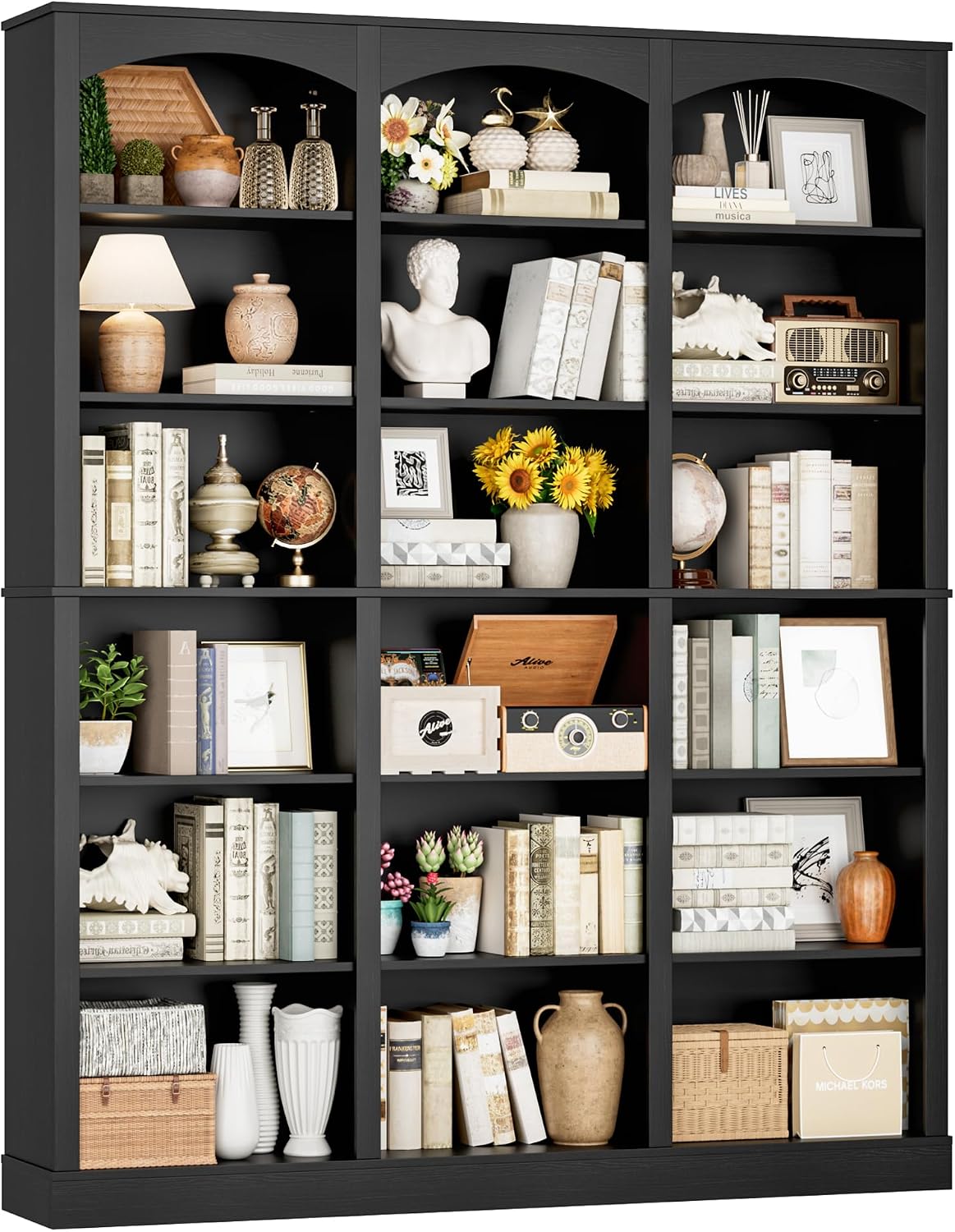 FACBOTALL 71' Triple Wide Bookshelf, 6 Tier Tall Bookshelf, Large Book Shelf with Curved Baffle, 63.4' Wide Bookcase with 18 Open Display Shelves for Living Room, Study, Black