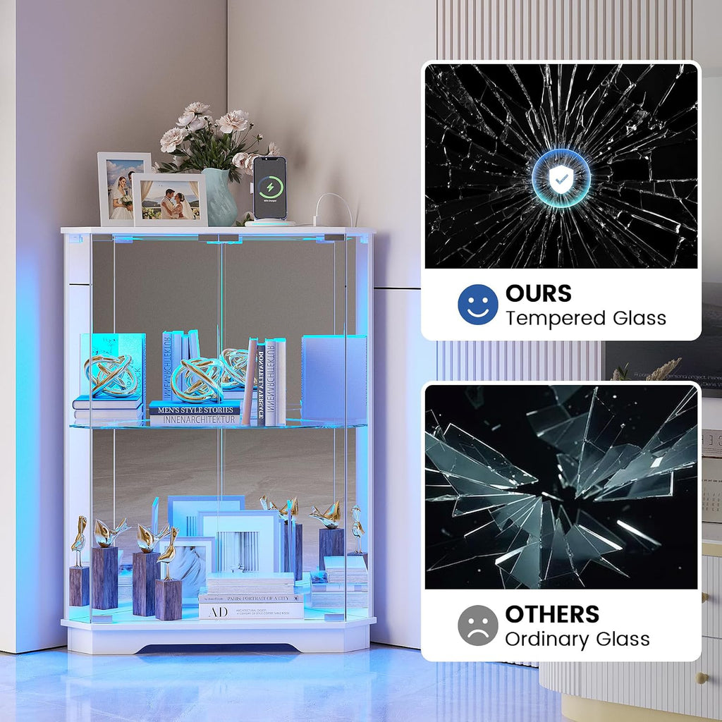 TAGELIER Corner Cabinet with Glass Doors, Small Storage Cabinet with LED Lights and Charging Station, 2-Tier Curio Cabinet with Storage for Living Room, Bedroom or Kitchen, White