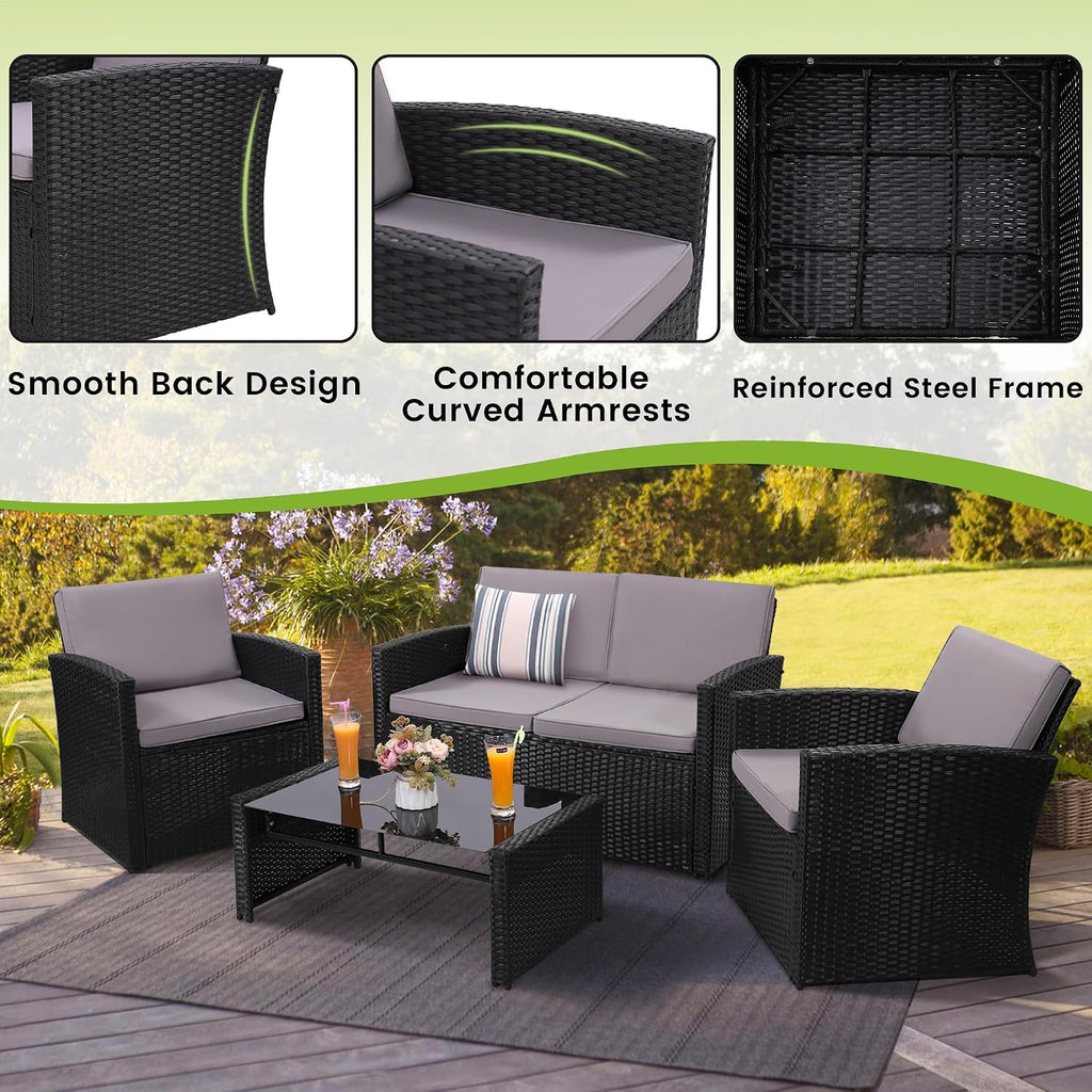 KROFEM 4-Piece Patio Furniture Set, Wicker Outdoor Rattan Sectional Sofa with Cushions and Glass Table, All-Weather Outdoor Conversation Set for Garden, Porch, Backyard, Patio, Black and Grey