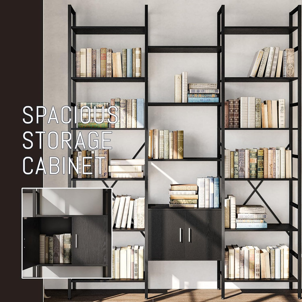 70x78 ' Triple 6 Tier Book Shelf, Industrial Large Bookcase with Storage Cabinet, Tall Bookshelf with 16 Open Display Shelves Metal Frame Furniture for Living Room Bedroom Home Office Black