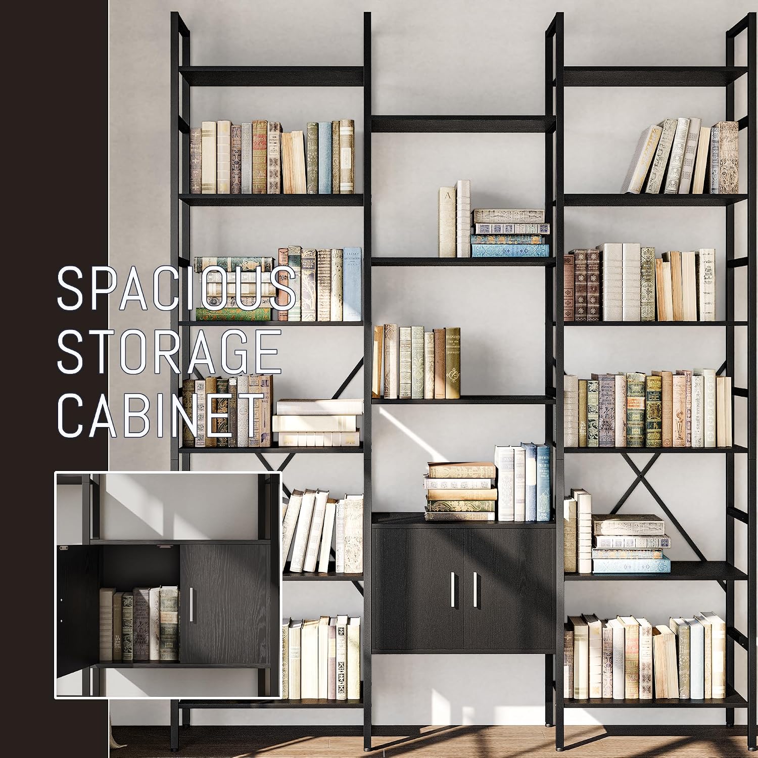 70x78 ' Triple 6 Tier Book Shelf, Industrial Large Bookcase with Storage Cabinet, Tall Bookshelf with 16 Open Display Shelves Metal Frame Furniture for Living Room Bedroom Home Office Black