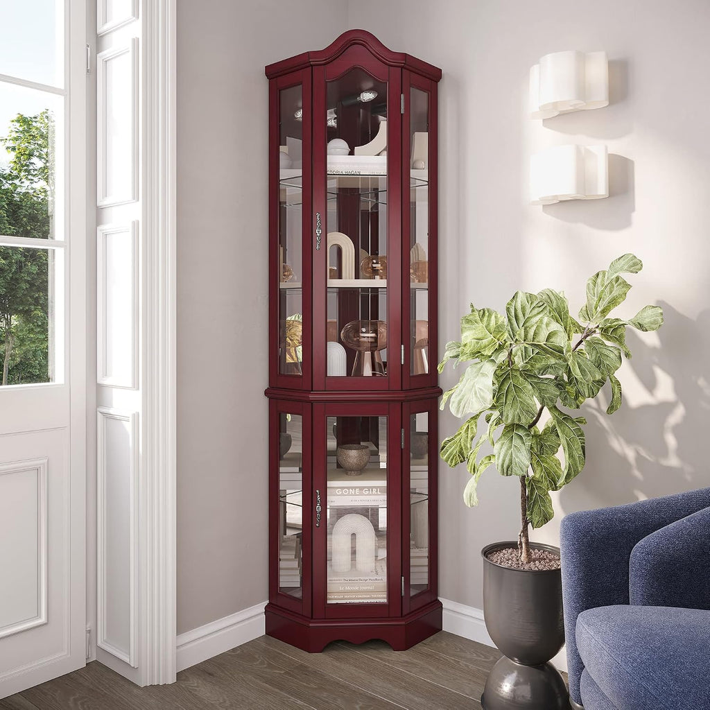 BELLEZE Lighted Corner Display Curved Top Curio Cabinet Wooden Shelving Unit with Tempered Glass Door, Bar and Liquor Storage Area with 5 Shelves - Loraine (Cherry)