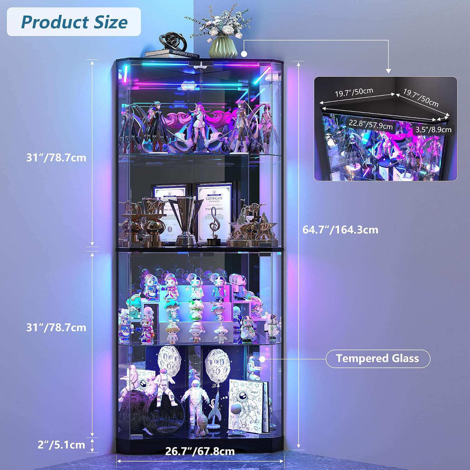 TAGELIER Corner Display Cabinet with Glass Doors, 64.7' Tall Curio Cabinet with RGB Lights for Collectibles, 4-Tier Showcase Display Case with Human Sensor for Toys, Books, Black