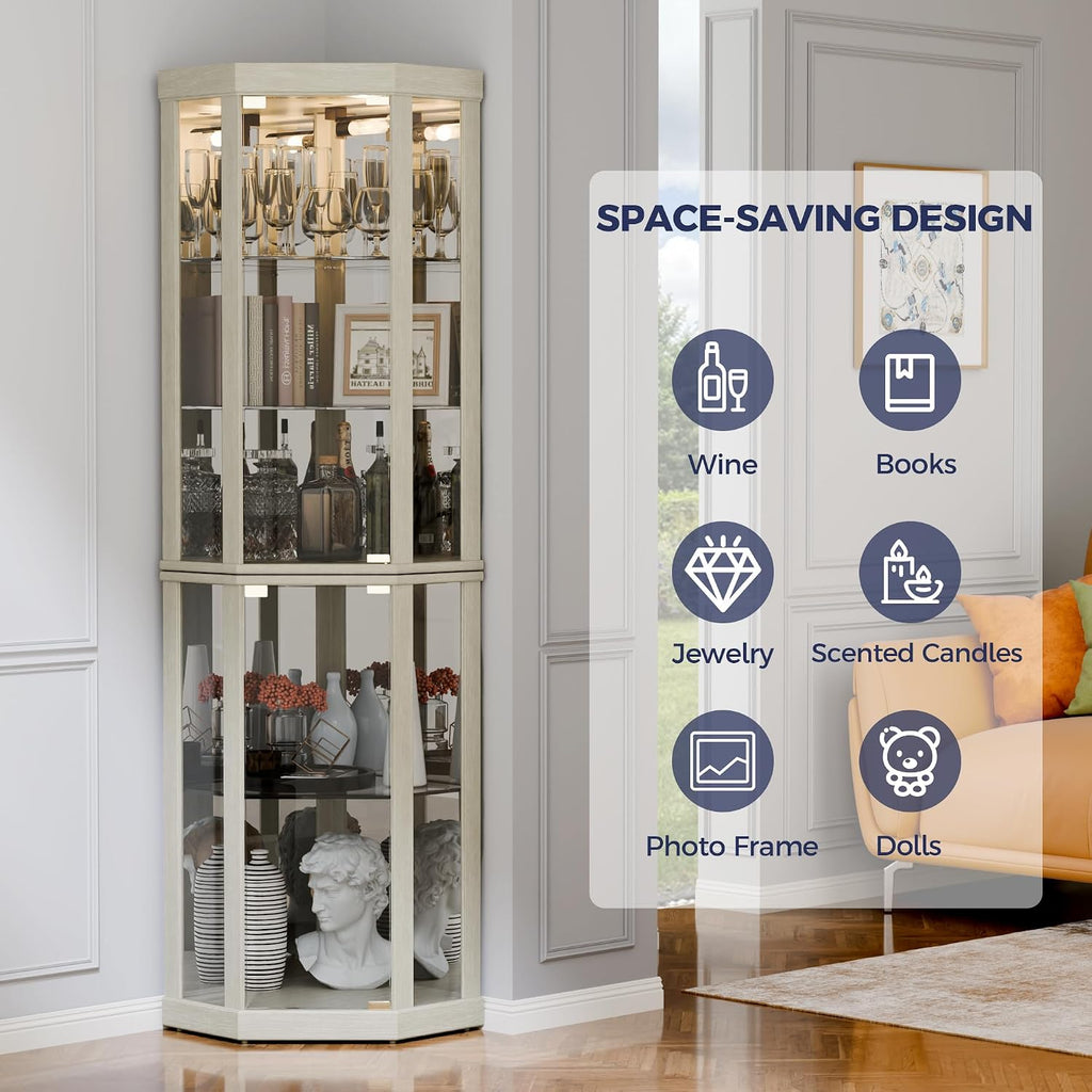 Lighted 3-Side Glass Display Curio Cabinet, Corner China Cabinet with Tempered Glass Doors, Wooden Display Case with Light Bulb for Living Room, Antique White