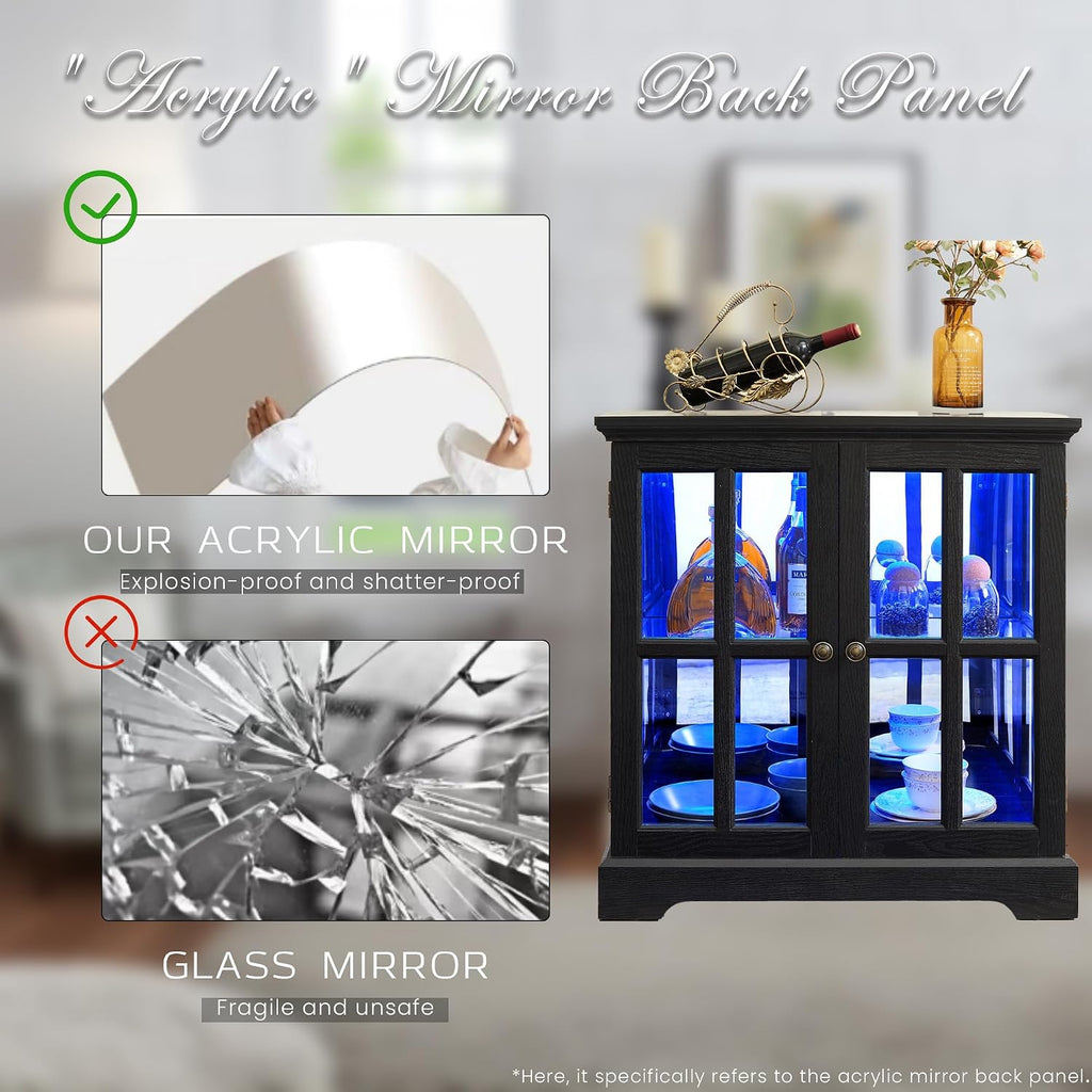 32' H LED Accent Curio Cabinet with 7 Color Lights for Collectibles, Modern Storage Cabinet with Tempered Glass Doors, Sideboard Buffet Case with Smartphone-Controlled Lights (Black)