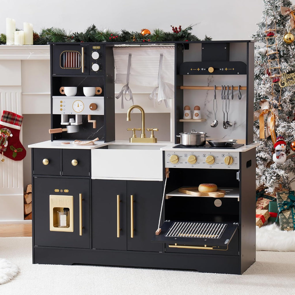 ROBOTIME Wooden Play Kitchen for Kids, Toddler Kitchen Playset with Ice Maker and Coffee Machine, Realistic Kids Play Kitchen Toy Gift for Girls & Boys Ages 3+ Black