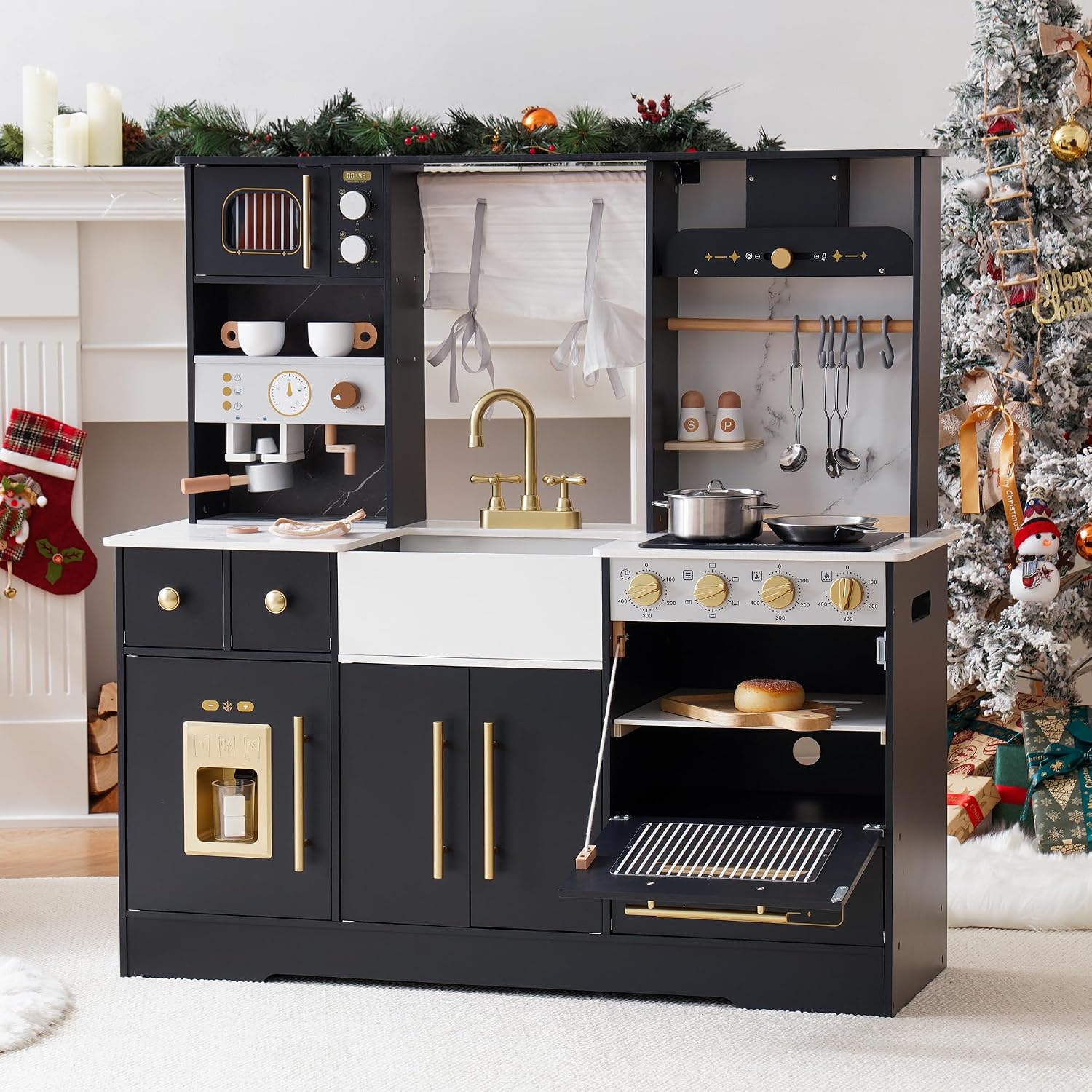 ROBOTIME Wooden Play Kitchen for Kids, Toddler Kitchen Playset with Ice Maker and Coffee Machine, Realistic Kids Play Kitchen Toy Gift for Girls & Boys Ages 3+ Black