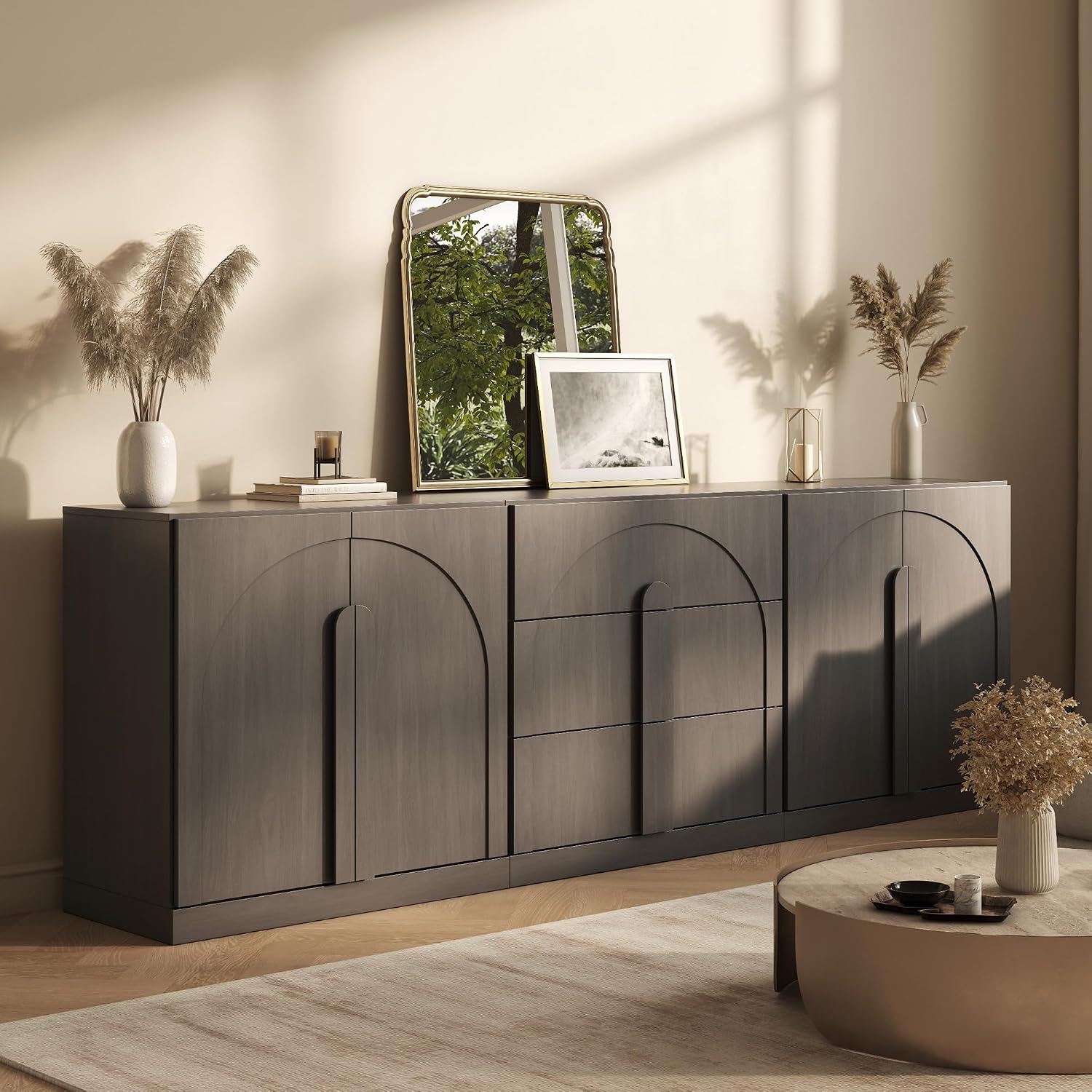 BELLEZE 3-Piece Modular Sideboard Cabinet Set Freely Configurable, Modern Wood Buffet Cabinet Contain 2 Arched Cabinet and 3-Drawer Storage, Credenza Console for Living Room Kitchen, Ebony
