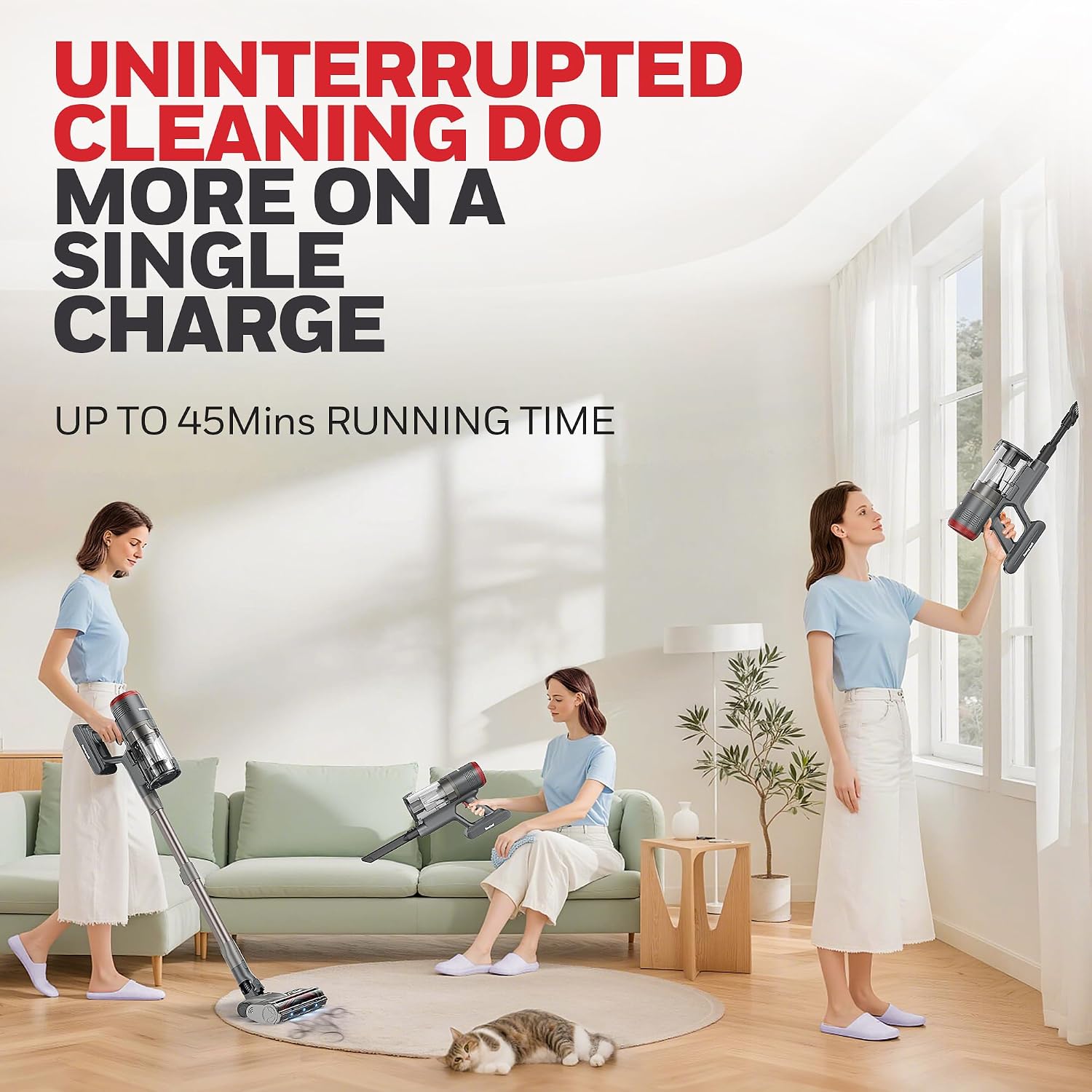 Honeywell Dual Mode Cordless Vacuum Cleaner, Brushless Stick Vacuum Cleaner for Carpet and Hard Floor w/Powerful Suction, Free‑Standing, Anti‑Tangle, 45Mins Runtime, Rechargeable for Home Pet Hair VC6