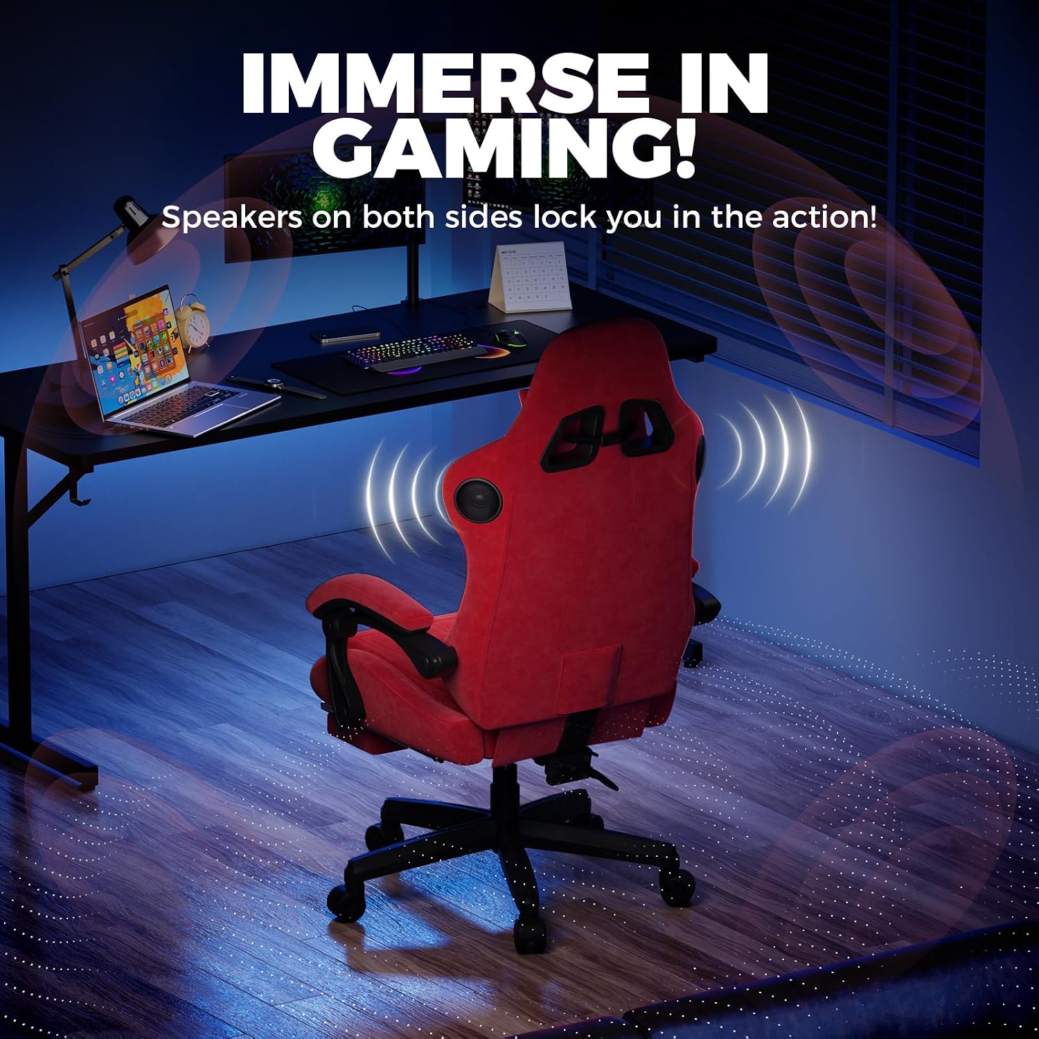 GTPLAYER ACE-PRO Music Gaming Chairs – Built-in Speakers, App Support & Bluetooth Control, Computer Game Chairs with Footrest for Adults, Ergonomic, Reclining, Linkage Armrest, Cherry Red 【Velvet】