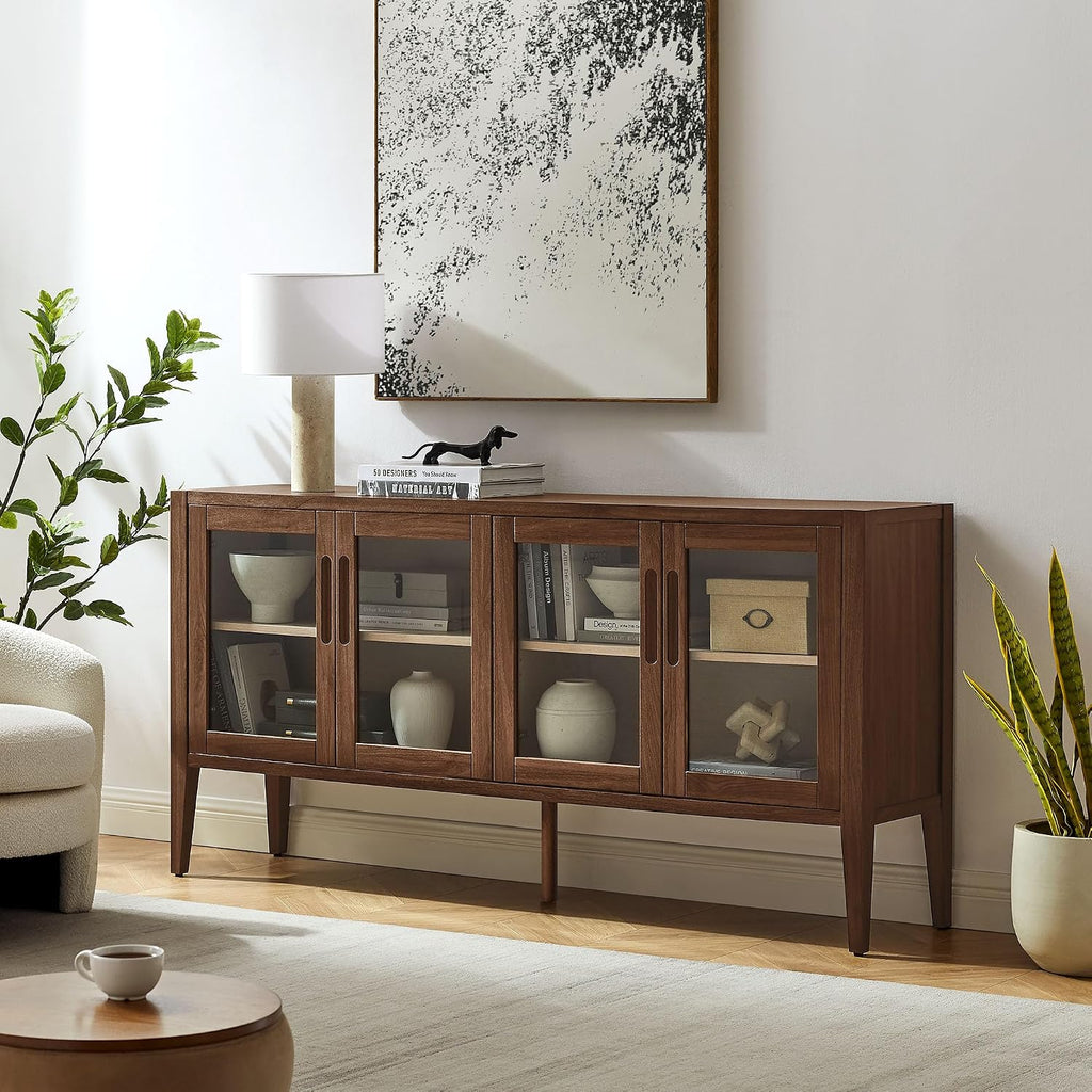 Modway Nell 72 Inch Sideboard Buffet Cabinet with Glass Doors in Walnut – Modern Storage Display Case with Adjustable Shelves for Dining Room, Kitchen, Living Room