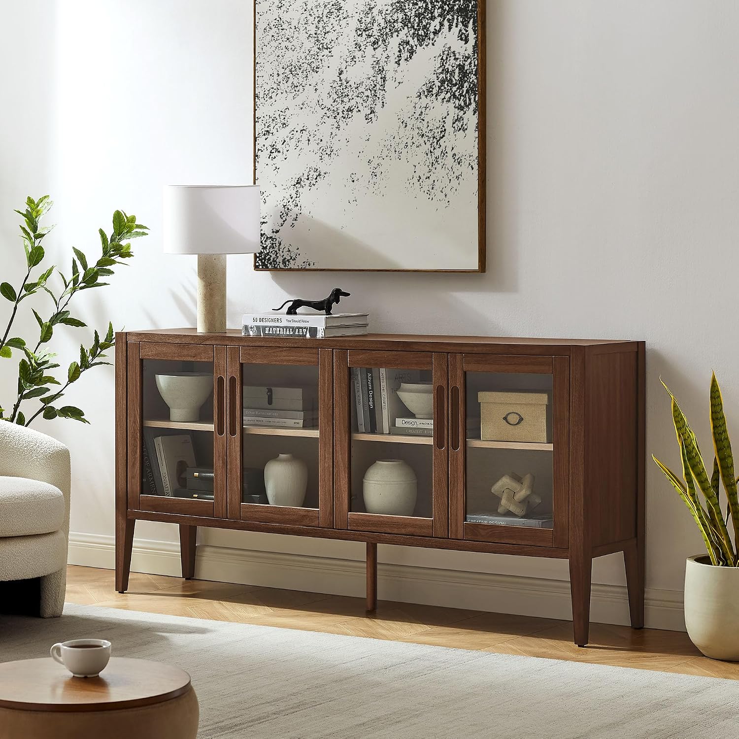 Modway Nell 72 Inch Sideboard Buffet Cabinet with Glass Doors in Walnut – Modern Storage Display Case with Adjustable Shelves for Dining Room, Kitchen, Living Room