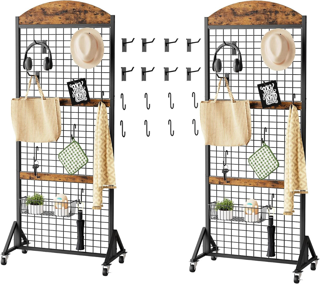 CHOEZON Grid Wall Panel 5.7' x 2' FT Grid Display Rack, 2 Pack Movable Gridwall Display Stand with 8 S-Shaped Hooks and 8 Garment Hooks, Floorstanding Wire Grid Rack, Rustic Brown and Black TCJ17P2BF