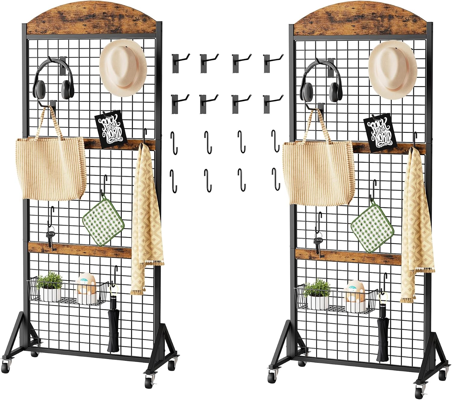 CHOEZON Grid Wall Panel 5.7' x 2' FT Grid Display Rack, 2 Pack Movable Gridwall Display Stand with 8 S-Shaped Hooks and 8 Garment Hooks, Floorstanding Wire Grid Rack, Rustic Brown and Black TCJ17P2BF