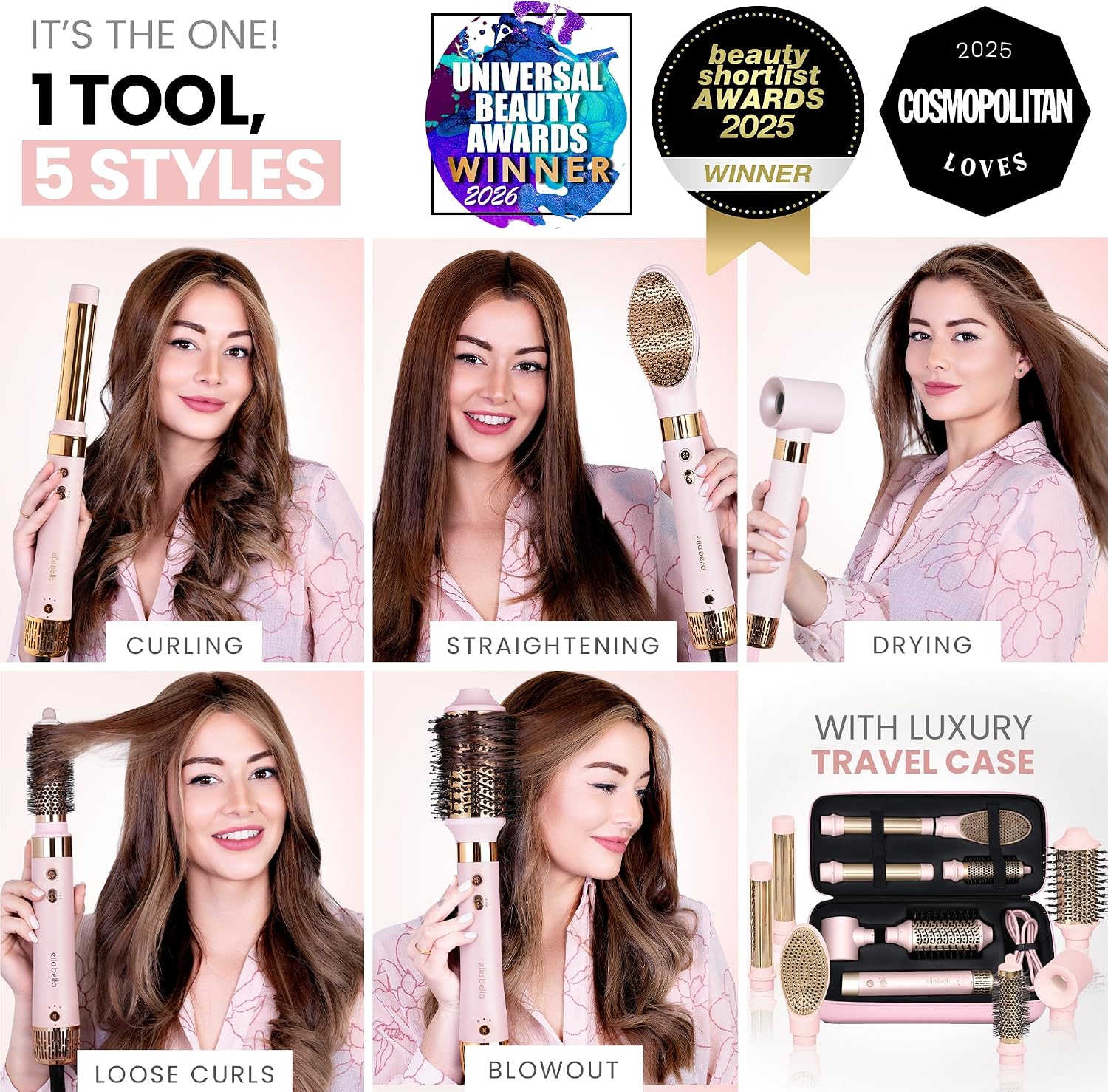 ELLA BELLA® 6 in 1 Professional Hot Air Styler • Powerful Hair Dryer & Straightener Set • Styling Without Heat Damage • Fast Drying Curling Volumizing Straightening • Includes Protective Travel Case