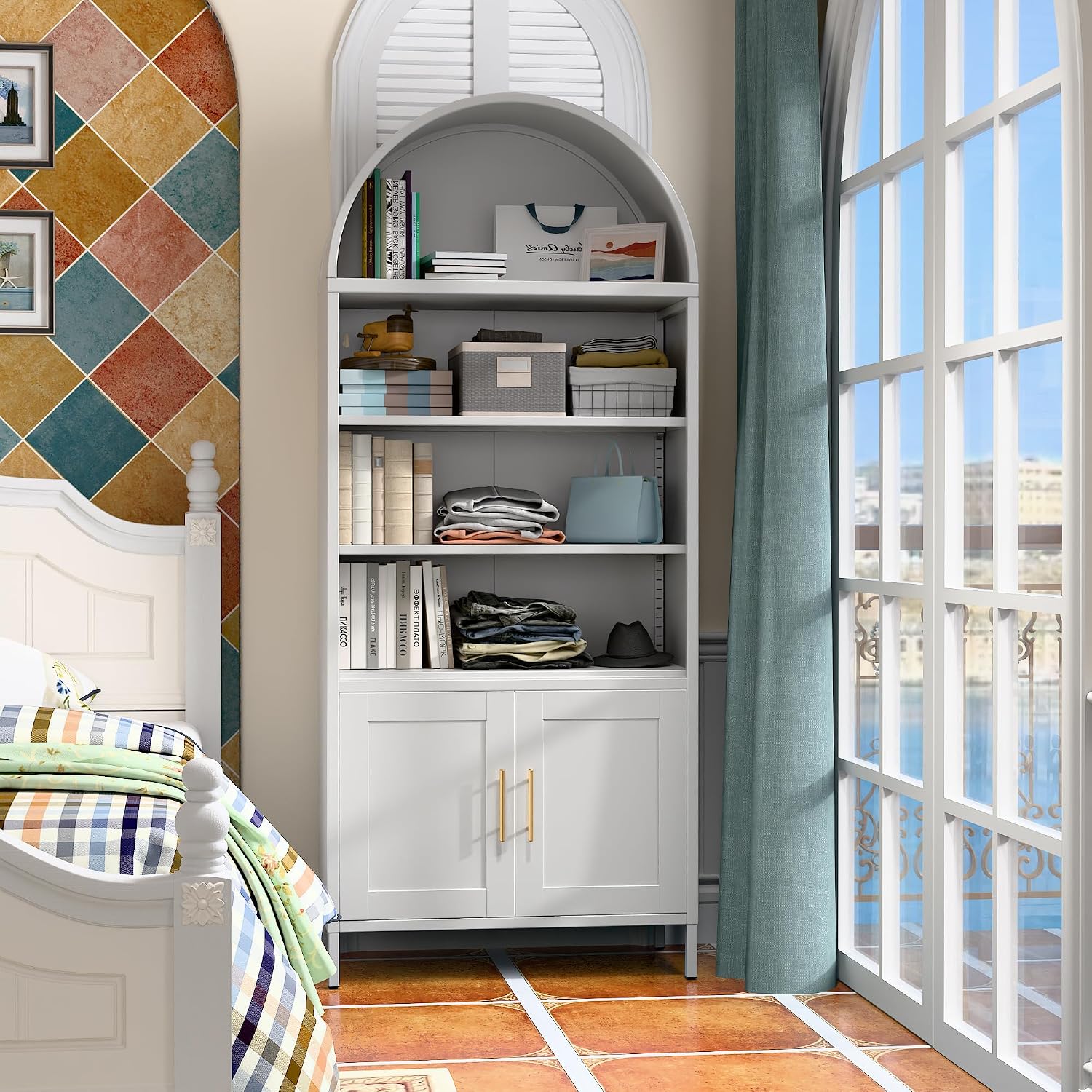 VEXPOR 73' Tall Metal Arched Bookcase with Doors, 5-Tier Arched Bookshelf with 2 Adjustable Shelves for Living Room, Home Office, Assembly Required, White, 15.35' D x 30.71' W x 72.83' H