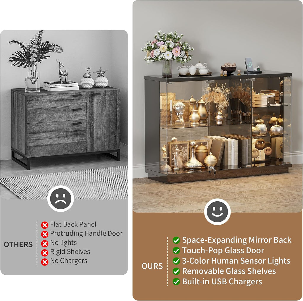 HNEBC Lockable Display Curio Cabinet with Glass Door,47.2' W Glass Display Cabinet with 3 Color Lights for Collectibles,5-Tier Lighted Display Case with Human Sensor,Living Room,Black