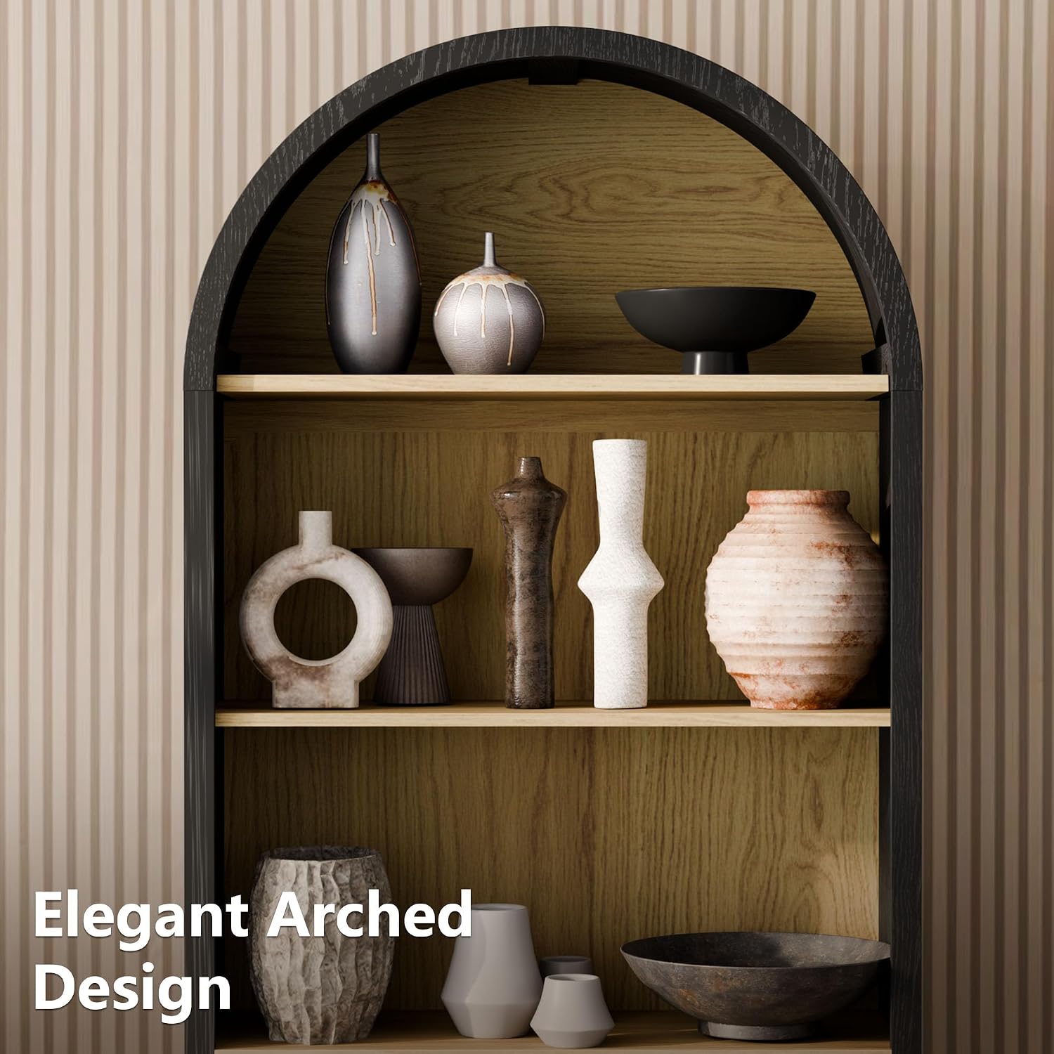 Arch Storage Cabinet with Beech-Wooden Door, 60' Cute Arched Display Cabinet, 4 Tier Farmhouse Buffet Cabinets with Storage for Dining Room, Living Room, Home Office or Kitchen (Black)