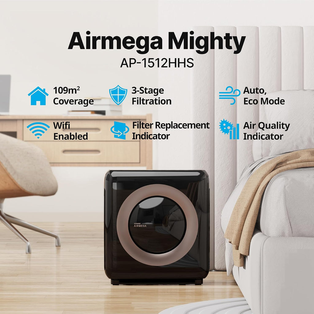 COWAY Air Purifier for Home Up to 1,575ft², App-Enabled Smart Technology, Compatible with Amazon Alexa, HEPA Filter for Smoke, Allergies, Odor, Auto Mode, Airmega AP-1512HHS Black