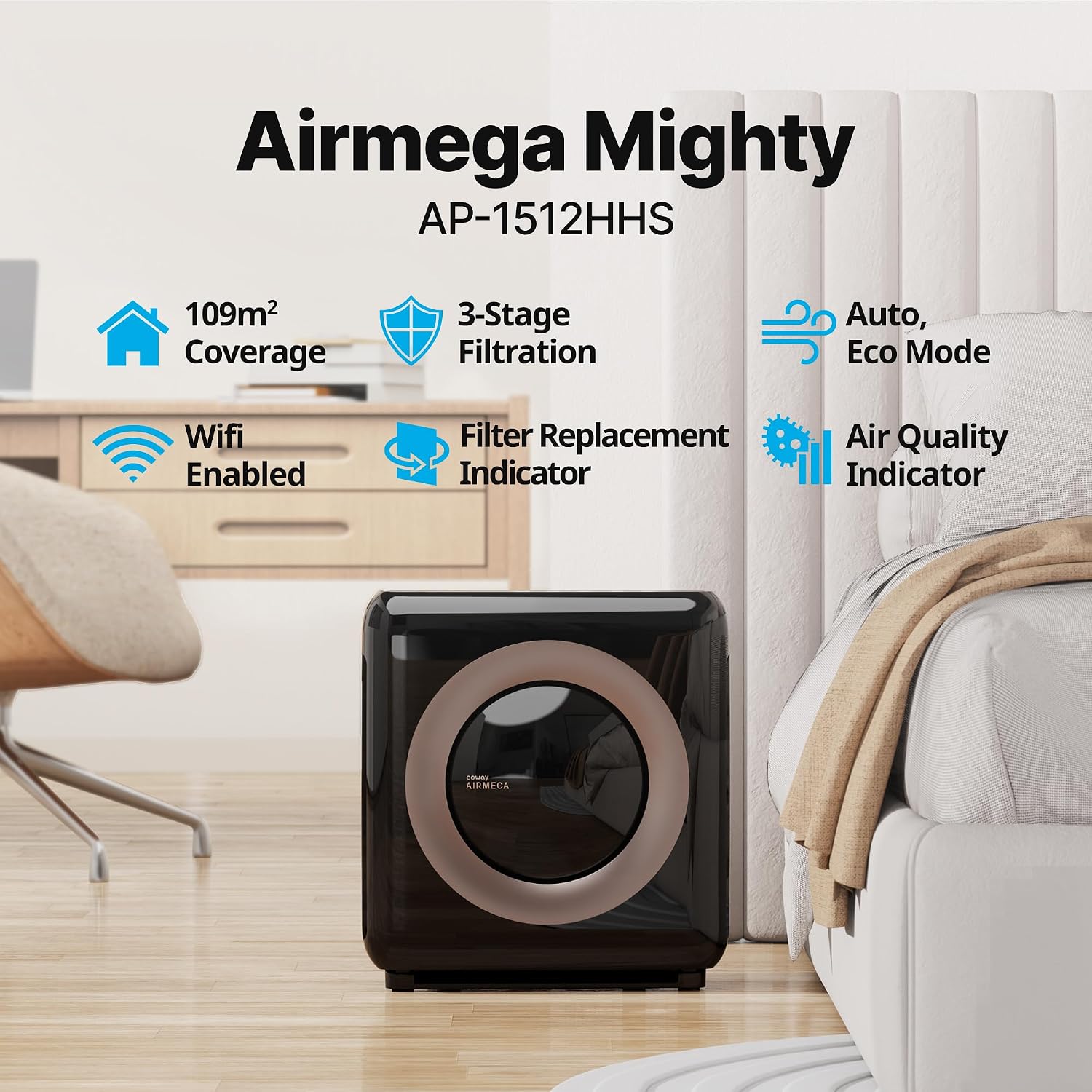 COWAY Air Purifier for Home Up to 1,575ft², App-Enabled Smart Technology, Compatible with Amazon Alexa, HEPA Filter for Smoke, Allergies, Odor, Auto Mode, Airmega AP-1512HHS Black